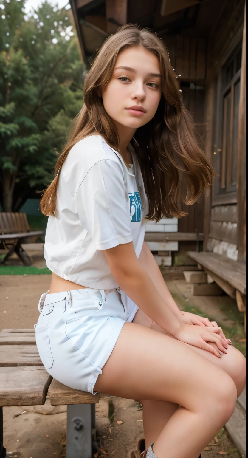 teenager 16 arafed girl sitting on a bench in front of a wooden building, gorgeous young model, side portrait rugged girl, side portrait imagery, portrait sophie mudd, thoughtful pose, white shorts and hiking boots, casual pose, portrait of white teenage girl, shot on canon eos r5, shot on canon eos r 5, cute young girl, side portrait of a girl