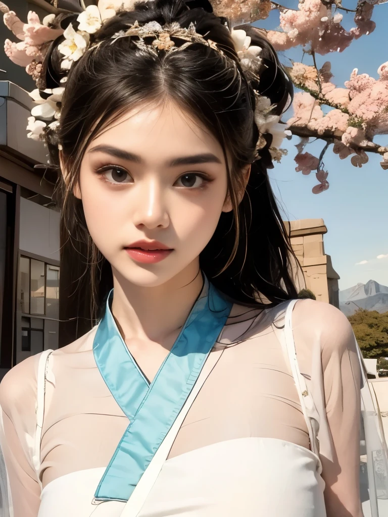 There are blue sky, white clouds and mountains in the distance、tower,Pink flowers,Cherry tree,Hanfu woman,Phoenix crown tiara、Fine embroidery、穿Hanfu裤袜、Hanfu、穿长袖Hanfu、Transparent and clear、Raw,(8k、Top quality、masterpiece:1.8)、(Intricate details:1.8)、(Reality:1.8)、Octane Rendering、Complex 3D rendering with ultra-details, Studio soft light, Side light, Vivid details, Super Detail, Realistic skin texture, Details, beautiful eyes, Highly detailed CG Unity 16k wallpaper, cosmetic, (Detailed background:2.0), Clear fingers,Beautiful fingers,Radiant skin、Spread your legs,Show your thighs!!!