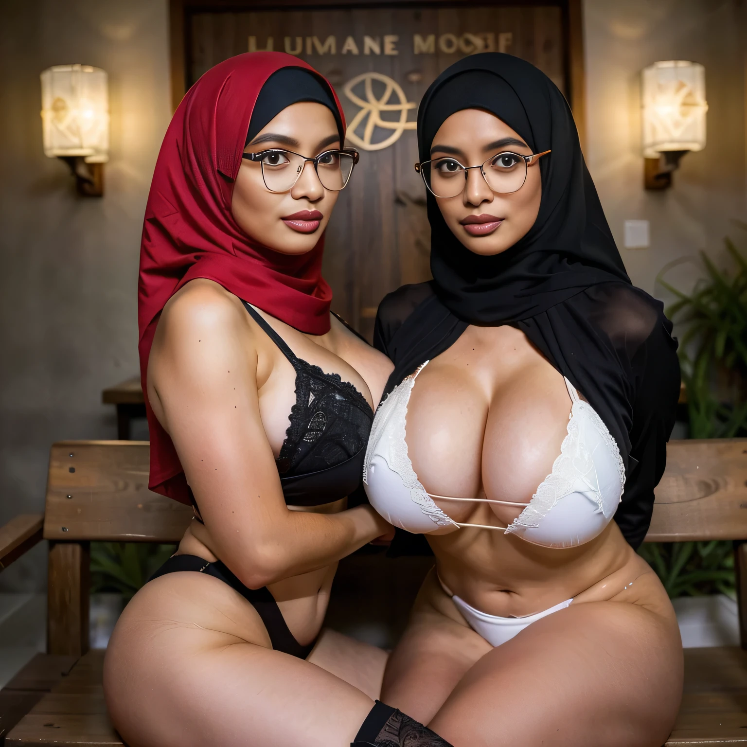 (portrait), In an dimly lit empty back alley, two sexually attractive hourglass figure depraved (hijabi) (Muslim) MILF sit side by side on a wooden bench, radiating lust and sexual desirer. They share the same height and body proportions, creating a visually stunning image of unity and strength.

Both ladies wear (lace hijabs), beautifully wrapped around their heads, framing their faces and accentuating their sensuality.

Complementing their (hijabs), both ladies wear (stockings) (daring string bikinis) that add a subtle hint of allure to their ensemble. The stockings enhance their sensual and lust-satisfying posture, further highlighting their hourglass figures.

Their makeup is flawlessly applied, with striking red lips, voluminous mascara, captivating eye shadow, precise eyeliner, and luxurious lashes. These elements enhance their already mesmerizing features, drawing attention to their expressive eyes.

As they sit close to each other on a wooden bench, they exude a sense of unity and sisterhood. Their presence showcases the beauty and strength of hijabi Muslim women, empowering others to embrace their identities and celebrate their unique beauty.

both is looking at viewer, skin texture, ultra high res, RAW, instagram LUT, masterpiece, best quality, ultra-detailed, ultra high resolution, RAW, 4k, (looking at viewer), extremely detailed eyes and face, ((beautiful detailed nose)), ((beautiful detailed thigh)), ((beautiful detailed eyes)), perfect body proportion,  (looking at the camera), smile, cheerful, happy, (SFW:1.5), (glasses), empty church, perfect legs