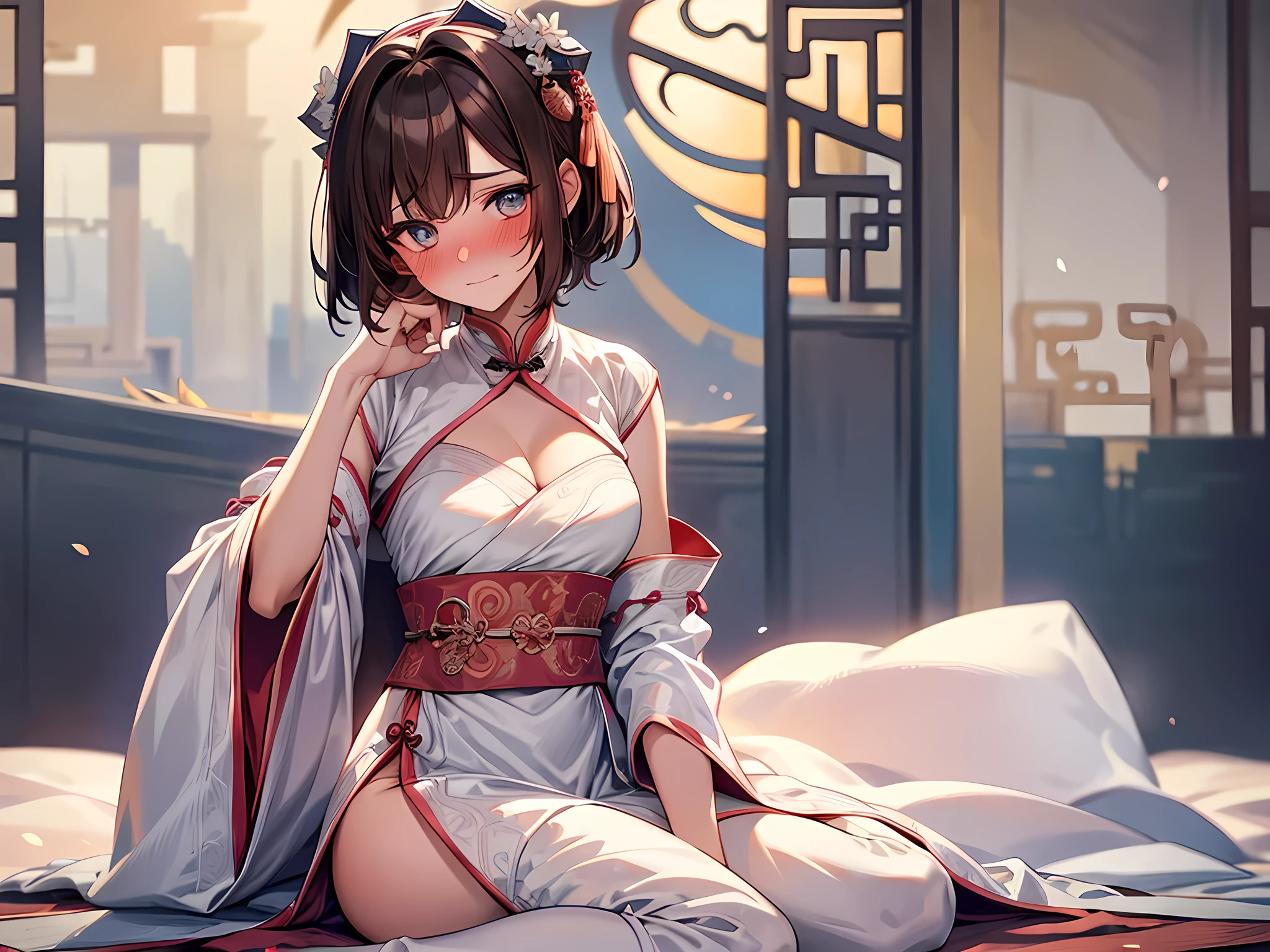araffe woman in a white dress sitting on a bed, Palace , A girl in Hanfu, White Hanfu, full-body xianxia, Hanfu, with acient chinese clothes, Wearing ancient Chinese clothes, dark brown hair, short hair, trending on cgstation, flowing magical robe, inspired by Gu An, flowing white robe, cleavage, face to detail, detailed eyes, eyes extremely detailed, (half-body:0.6), (blushing: 1.5)