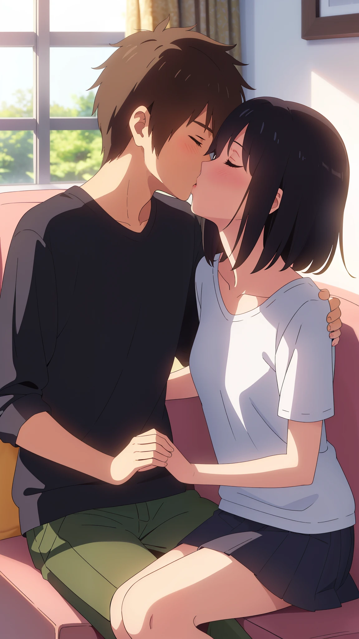 shinkai makoto, kimi no na wa., 1girl, 1boy, bangs, black hair, short hair, blush, casual clothes (boy wear shorts), ((girl wear skirt)), shirt, short sleeves, cute, love, couple, adorable, dating, (((kiss, deep kiss))), closed eyes, indoors, Background with (a room, sofa), sitting on the sofa, dynamic light