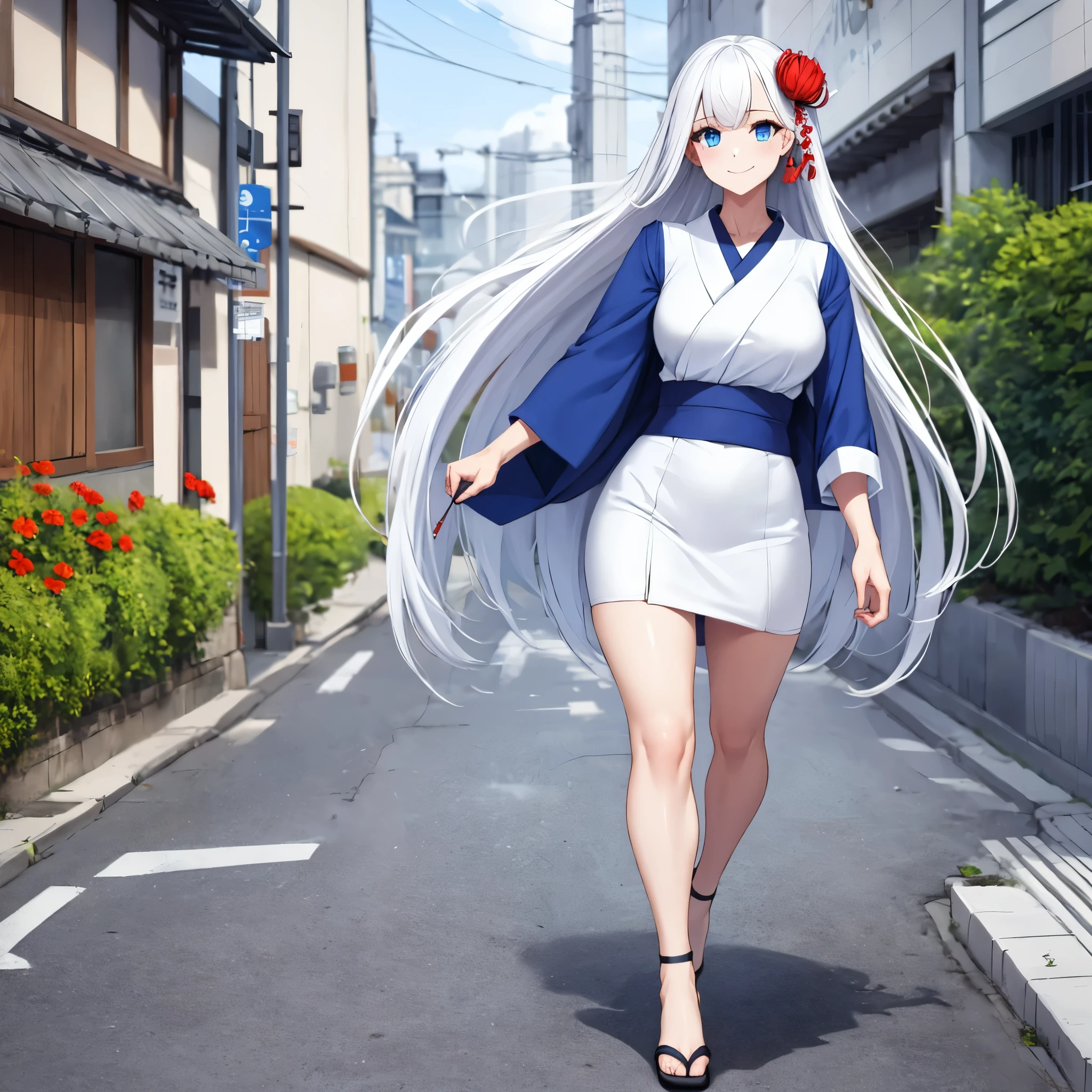 a woman wearing a blue shirt, white skirt, white coat, exposed thigh, long white hair, blue eyes, smiling, a red flower in her hair, female heels, walking on a sidewalk in a large modern Japanese city,ultra resolution, sharp, masterpiece, 8K HD (solo woman)
