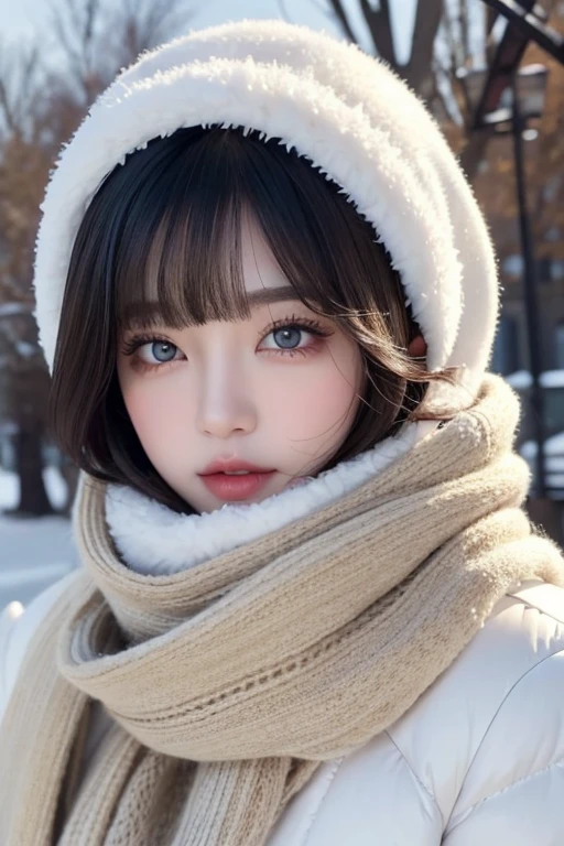 (masterpiece, highest quality),1 girl, alone, scarf, have, realistic, realistic, looking at the viewer, light colored black eyes, Brunette short bob hair with highly detailed shiny hair, Winter clothes, Whity, lips, bangs, outdoor, closed mouth, Upper body、Big eyes、eyelash、((There'There'There'There'There'There'There'、Very simple blue background:1.8))、(((Short hair with bangs、Big eyes、big and full chest、look at the audience、beautiful beauty、show me your ears、long neck、smile、please close your mouth and smile)))、ideal body proportions、(Tree-lined avenues in the winter wilderness of England)、{Huge|big|Huge|mega} chest, cleavage