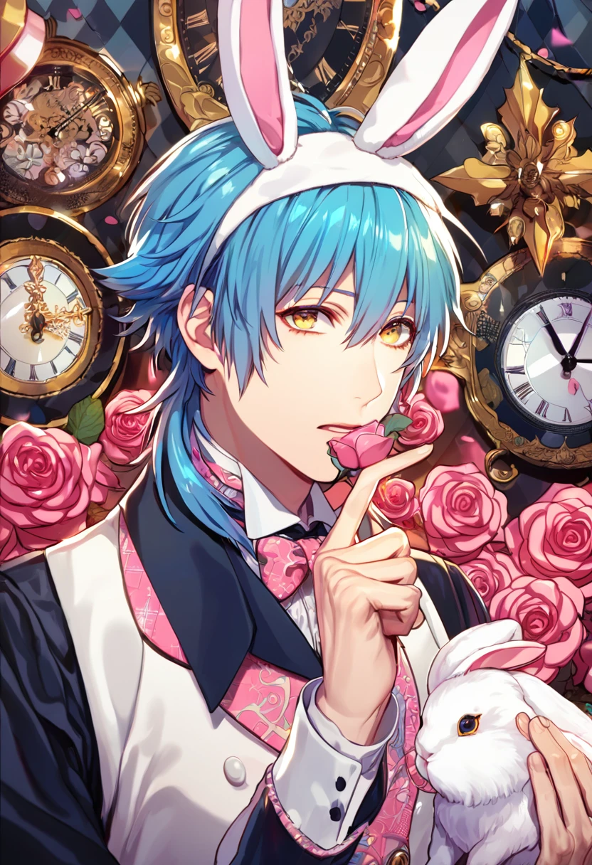 absurdres, highres, ultra detailed, HDR, master piece, best quality, perfect face, beautiful eyes, delicate features, Seragaki Aoba, blue hair, expressive yellow eyes, Dramatical Murder, solo, sexy man, handsome, white rabbit ears, white rabbit, butler clothes, patterns, in wonderland, clock, pink roses, pink petals, pink lanterns