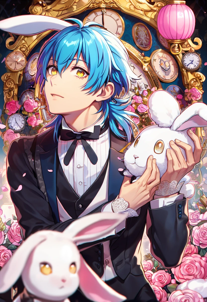 absurdres, highres, ultra detailed, HDR, master piece, best quality, perfect face, beautiful eyes, delicate features, Seragaki Aoba, blue hair, expressive yellow eyes, Dramatical Murder, solo, sexy man, handsome, white rabbit ears, white rabbit, butler clothes, patterns, in wonderland, clock, pink roses, pink petals, pink lanterns