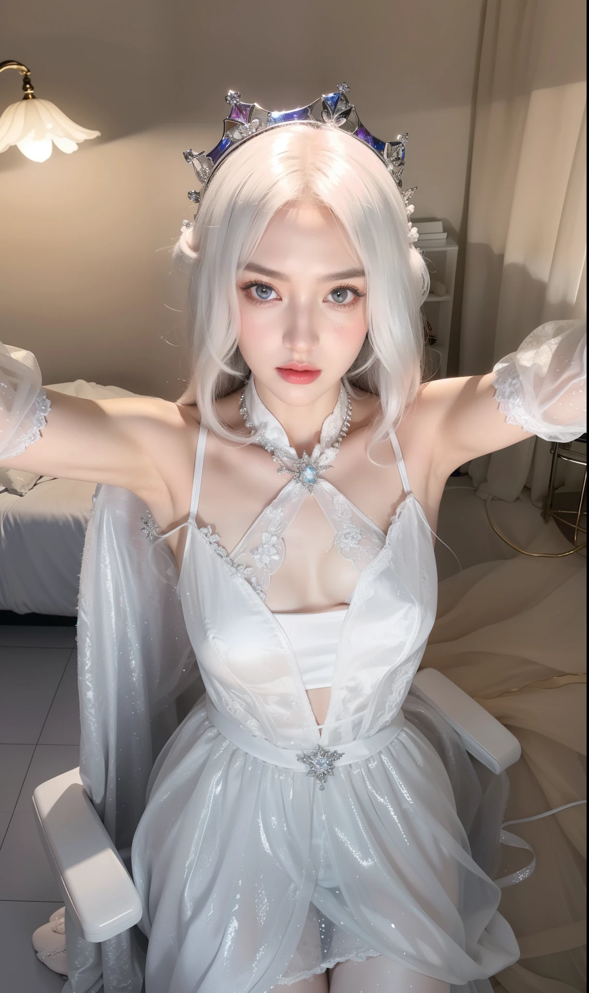 Imperial sister，Exquisite eyes，Snow Queen，Put the crown on your head，Detailed facial expressions body，Tall and big，number，Leg length，4K，HD，meat，White translucent lace，Fair and plump figure，Pretty Face，Little cherry mouth，Beautiful and delicious（3D Royal Sisters），Glossy Gel Coat，Vampire Queen in luxurious robes，Crystal Gem Crown，Ultra-clear portrait photos(8k)，Dark eyeshadow，Ice Princess