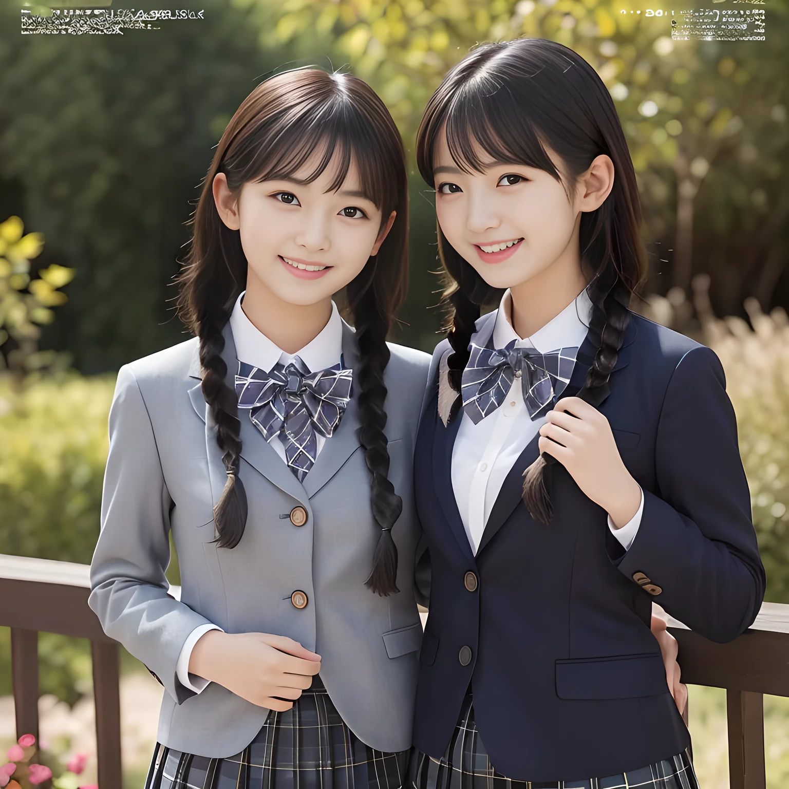(highest quality、masterpiece:1.2)、highest quality、Realistic、photograph、High resolution、1080p、8K、Physical Rendering、((Height: 158cm)), two Japanese girls、(((((( beautiful Japanese magazine fashion model looking at the viewer)))))), , (((big very detailed beautiful dark brown eyes))), ((((laughing at me!)))), detailed fingers, (((curled blunt bangs))), ((Very large and cute eyes, carefully drawn with great attention to detail)), ((double eyelids)), (((long eyelashes))), ((cute lovely lovely laughing laughing cheeks)), ((The pure white light hits my nose and cheeks.、Her eyes and white facial skin shine beautifully white.)), (((((Her facial features are very expressive lovely smile, very sweet, very very sweet))))), (((Shooting from the side))), ((((impressive plain navy large school ribbon bow tie in plain)))), ((((black very beautiful and very very long braids)))), (((((blue and navy colored tartan checkered formal long pleated pleated skirt))))), (((A formal dark blue blazer in solid that is slightly oversized and with a golden emblem))), ((As elegant as a noble princess)), (((Pure white bedroom)))