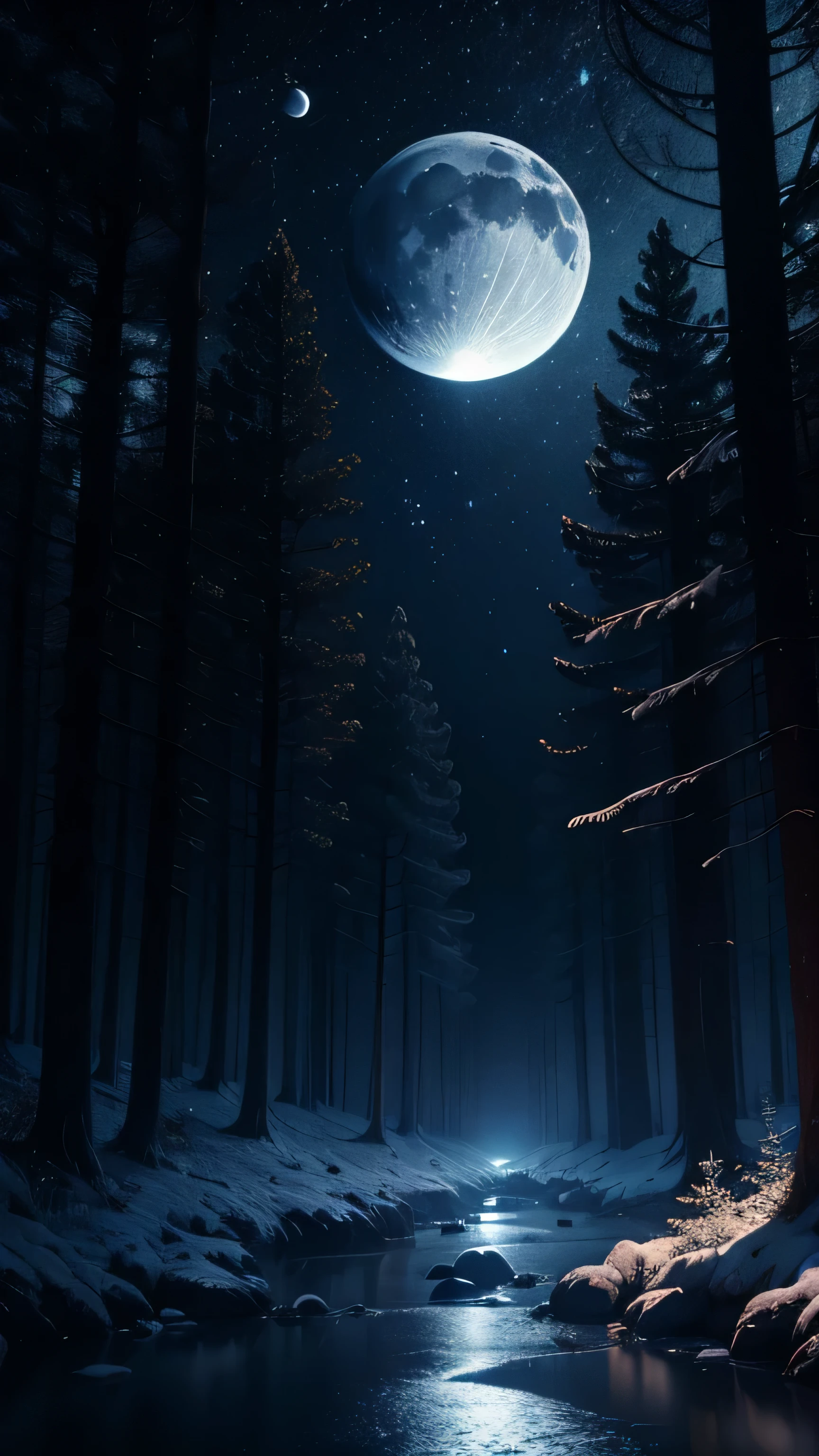 moon, forest, night, dark blue light, ancient, 8k