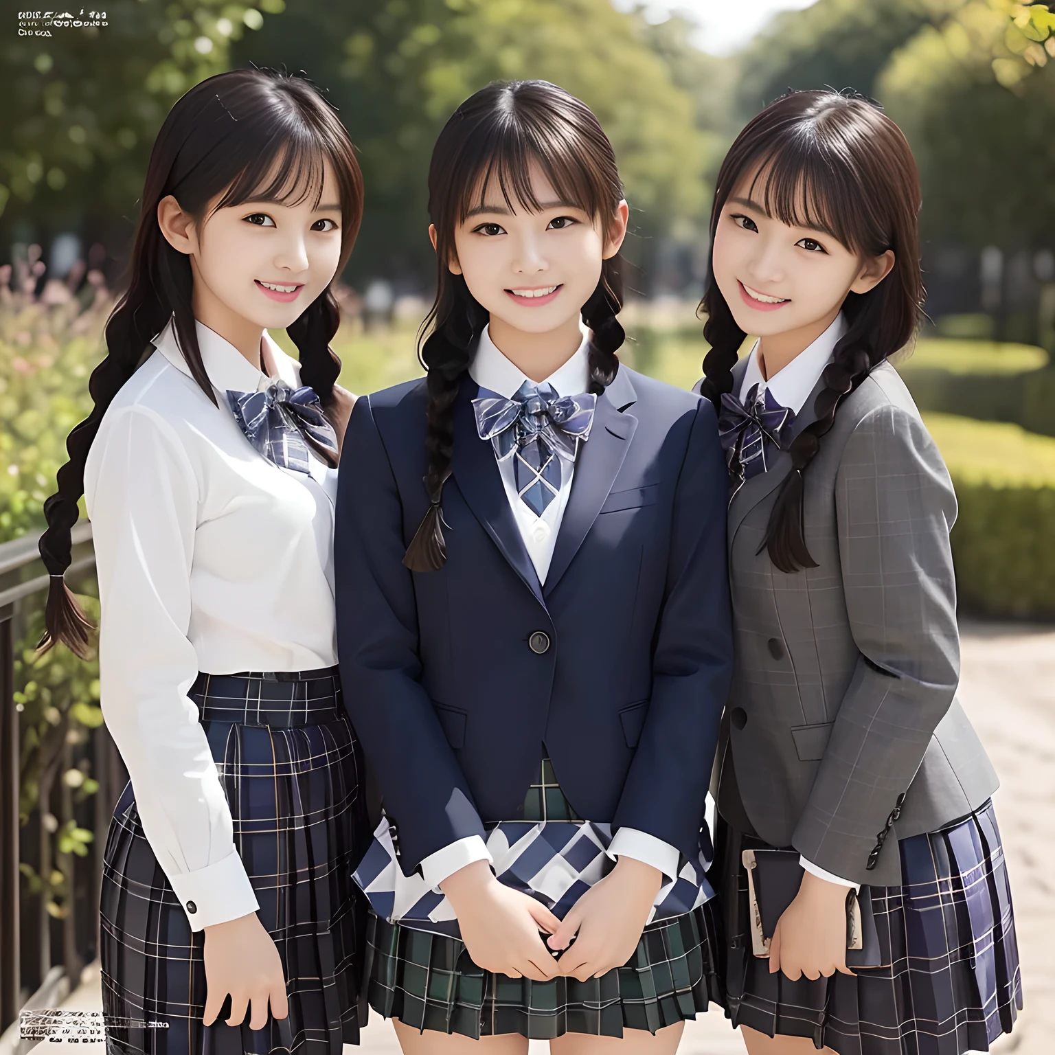 (highest quality、masterpiece:1.2)、highest quality、Realistic、photograph、High resolution、1080p、8K、Physical Rendering、((Height: 158cm)), two Japanese girls、(((((( beautiful Japanese magazine fashion model looking at the viewer)))))), , (((big very detailed beautiful dark brown eyes))), ((((laughing at me!)))), detailed fingers, (((curled blunt bangs))), ((Very large and cute eyes, carefully drawn with great attention to detail)), ((double eyelids)), (((long eyelashes))), ((cute lovely lovely laughing laughing cheeks)), ((The pure white light hits my nose and cheeks.、Her eyes and white facial skin shine beautifully white.)), (((((Her facial features are very expressive lovely smile, very sweet, very very sweet))))), (((Shooting from the side))), ((((impressive plain navy large school ribbon bow tie in plain)))), ((((black very beautiful and very very long braids)))), (((((blue and navy colored tartan checkered formal long pleated pleated skirt))))), (((A formal dark blue blazer in solid that is slightly oversized and with a golden emblem))), ((As elegant as a noble princess)), (((Pure white bedroom)))