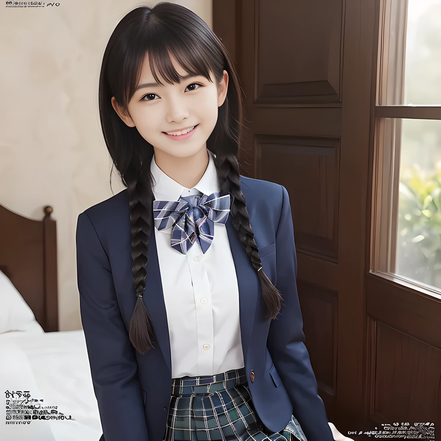 (highest quality、masterpiece:1.2)、highest quality、Realistic、photograph、High resolution、1080p、8K、Physical Rendering、((Height: 158cm)), two Japanese girls、(((((( beautiful Japanese magazine fashion model looking at the viewer)))))), , (((big very detailed beautiful dark brown eyes))), ((((laughing at me!)))), detailed fingers, (((curled blunt bangs))), ((Very large and cute eyes, carefully drawn with great attention to detail)), ((double eyelids)), (((long eyelashes))), ((cute lovely lovely laughing laughing cheeks)), ((The pure white light hits my nose and cheeks.、Her eyes and white facial skin shine beautifully white.)), (((((Her facial features are very expressive lovely smile, very sweet, very very sweet))))), (((Shooting from the side))), ((((impressive plain navy large school ribbon bow tie in plain)))), ((((black very beautiful and very very long braids)))), (((((blue and navy colored tartan checkered formal long pleated pleated skirt))))), (((A formal dark blue blazer in solid that is slightly oversized and with a golden emblem))), ((Her face has especially white and beautiful skin.)), (((Pure white bedroom)))
