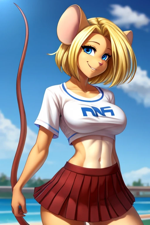 Mouse girl high school student ,solo, female, blonde hair, blue eyes, smiling, big breasts, slim, small waist, small hips, American high school, baggy white crop top, pleated skirt, hands behind back, happy, looking at viewer, high quality