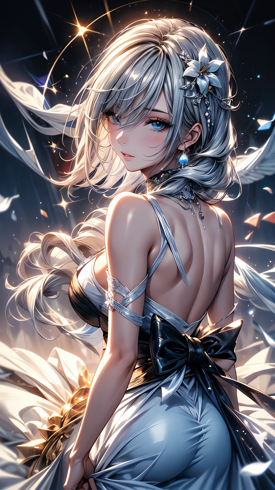 (Ultra-delicate), (Clear focus), (high resolution), Deformed depth of field blurred background, Detailed background, Perfect layer cutting, Atmospheric distance sense, (full-body shot/Cowboy shooting/Rear view/Top view/Top view), wallpaper, (((Silver hair gradient streaked light blue end))), Cute beauty face, (focus on face), Ultra-detailed facial texture, ((Clear light blue eyes)), thin eyebrows, long upper eyelashes, double eyelids, Upper Eye, High-fidelity eyes, (Super detailed eyes), Sexy and attractive lips, Richly detailed lips, White skin, delicate skin, Micro light, complicated, familiar, black magician, particle, constellation, Stardust, universe, ((flower)), comfortable peace, peaceful, Japan, Himiko, kimono, With crystal, Fortune Telling, time and space, artistic, 8K