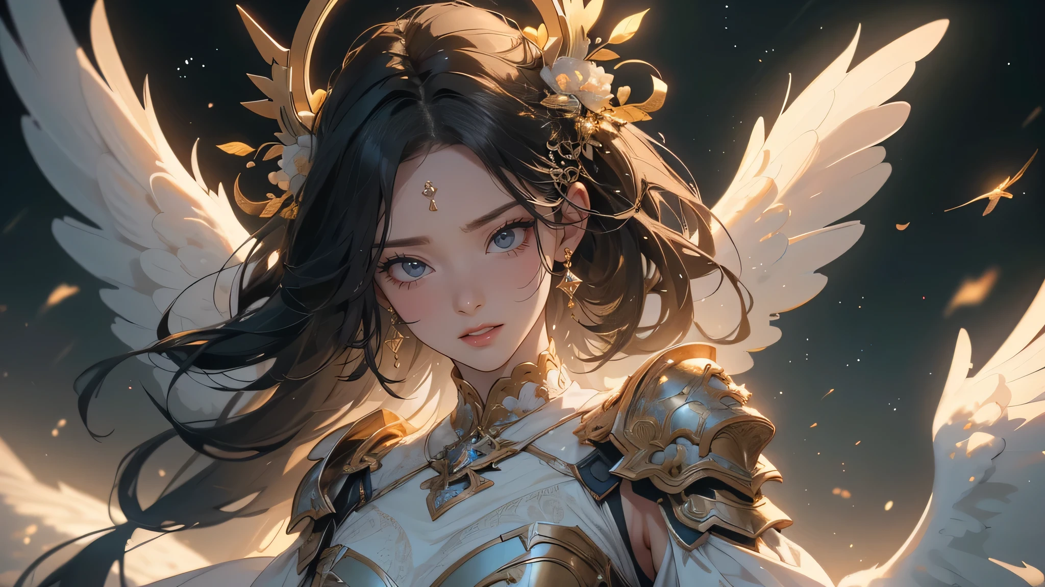 from below,angel armor,Spread your arms and fly down from the sky,(random hairstyle),(Highest image quality,(8k),ultra-realistic,best quality, high quality, high definition, high quality texture,high detail,beautiful detailed,fine detailed,extremely detailed cg,detailed texture,a realistic representation of the face,masterpiece,Sense of presence)
