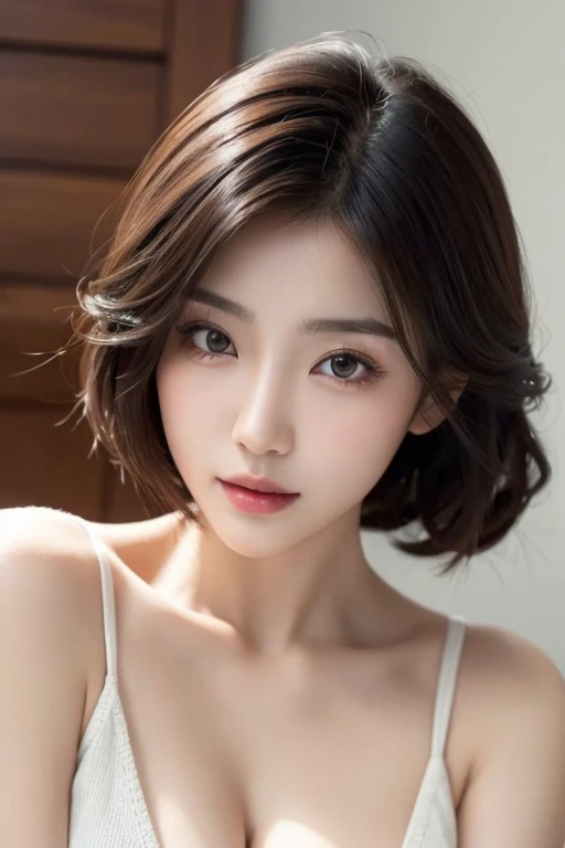 Asian Beauty, Short black hair,Detailed face、 Big eyes, Her breasts are modest, about a C cup、A face that looks just like Hirose Suzu、glossy lipasterpiece:1.3), (8k, Photorealistic, Raw photo, Best image quality: 1.4), Japanese 、(Random Hairstyles:1.2)、Cleavage:1.2、Super detailed face、Attention to detail、double eyelid、Close your chest、Sharp focus:1.2、Beautiful woman:1.4、Light brown hair、highest quality、masterpiece、超A high resolution、(Photorealistic:1.4)、Highly detailed and professionally lit smile、Loose, lightweight knitwear、Shoulder out、thin、Serious expression、Short-haired、Deadly position