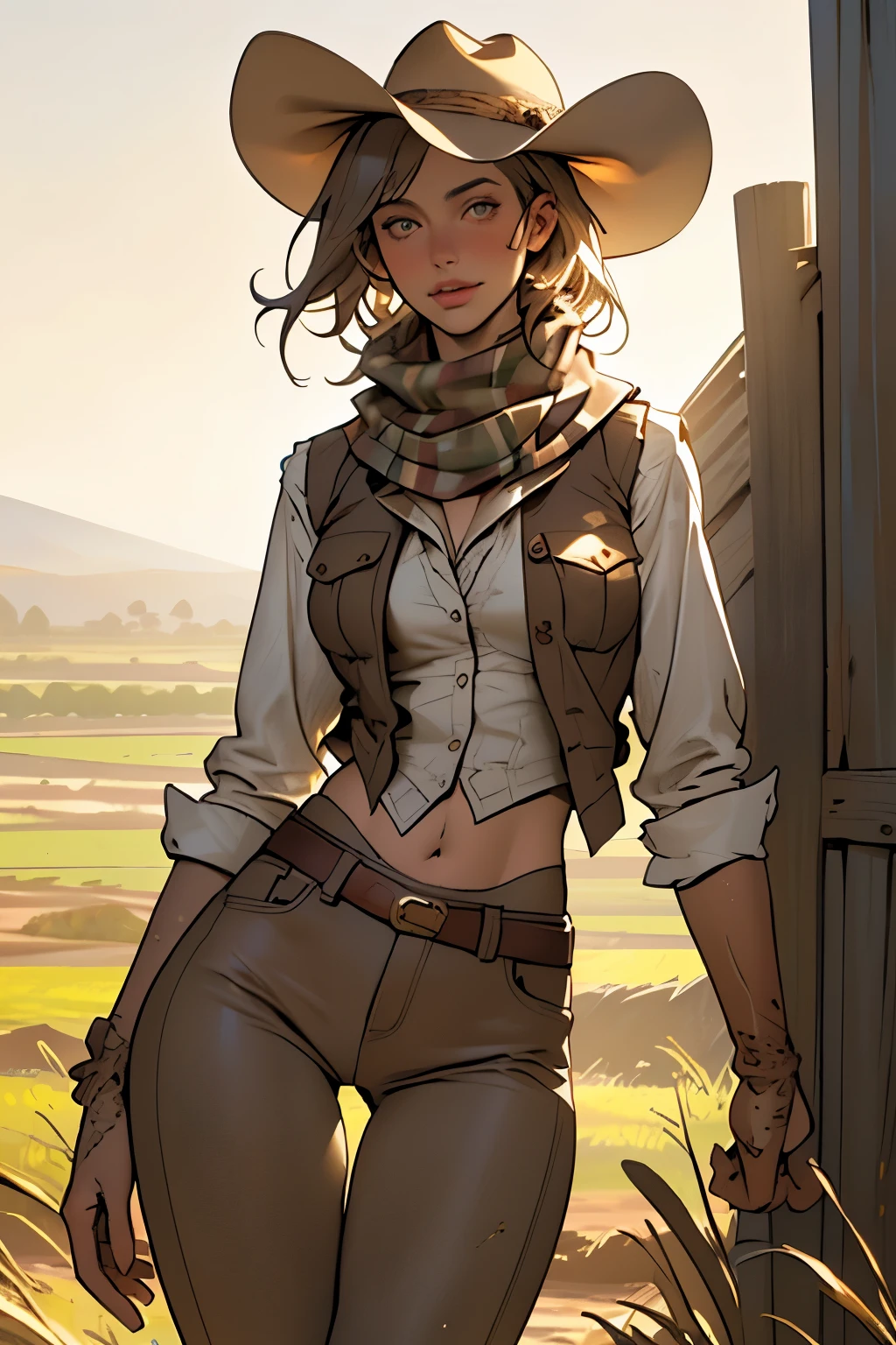 (highest quality, Super detailed, realistic:1.37), outdoor, girl, muddy, detailed and beautiful eyes, beautiful detailed lips, cowboy hat, vest with fringes, slim waist, slender thighs, thigh gap, slim thighs, show belly, pants, scarf, With confidence, medium chest, dusty farm landscape, golden hour lighting