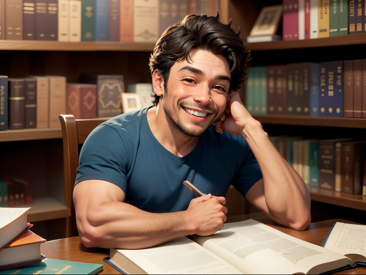 um homem brasileiro de pele morena estudando numa mesa cheia de livros sorrindo, behind shelves full of books.