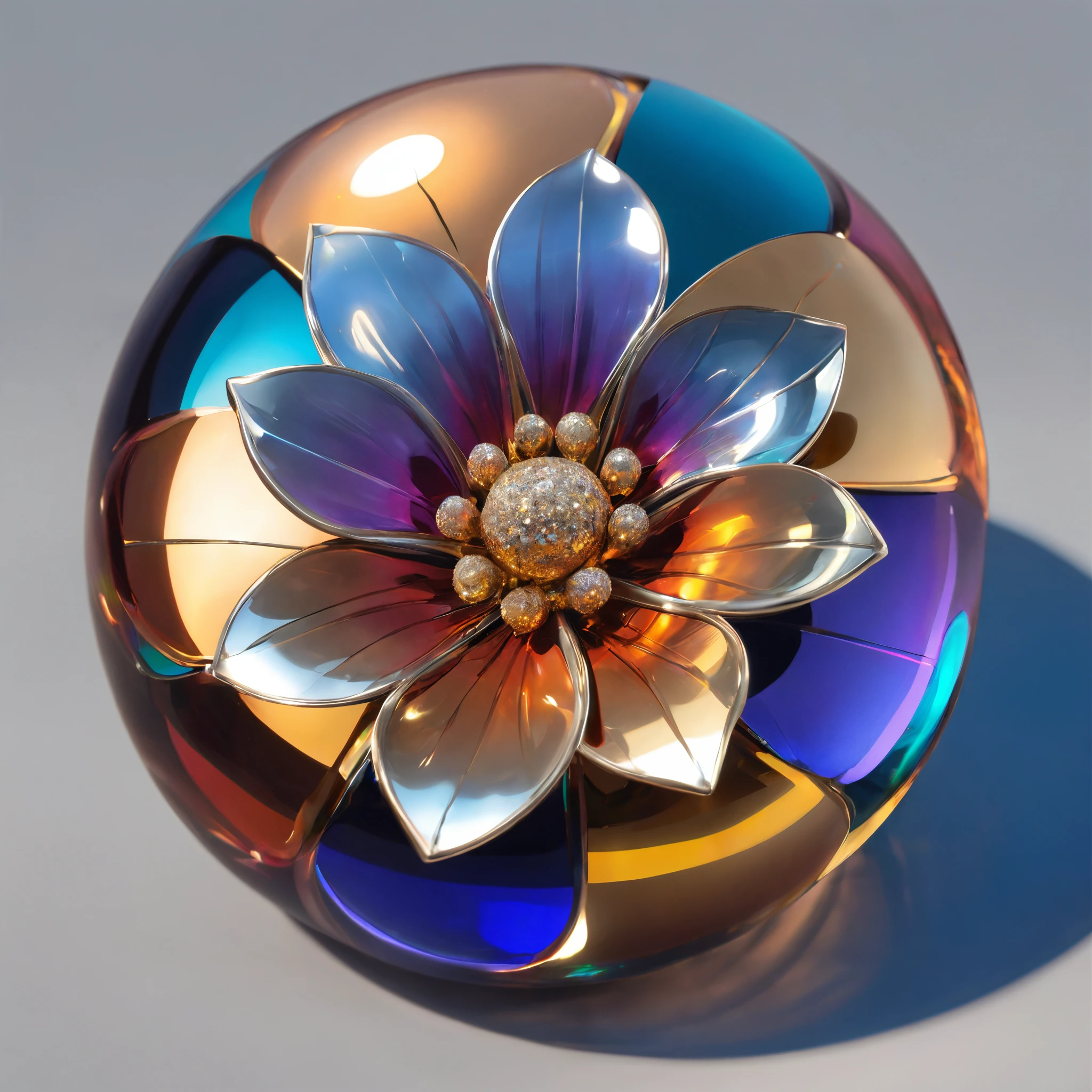 (best qualtiy,Foto realism:1.37),A vibrant metal flower,Metal Materials,shiny petals,Sparkling reflective surface,metallic luster,in clear glass ball,hues and tinteticulous attention to detail,Rich and vibrant colors,Light and shadow games,Subtle gradients and shimmer,ImpeccableCraftsmanship,((in beach))。