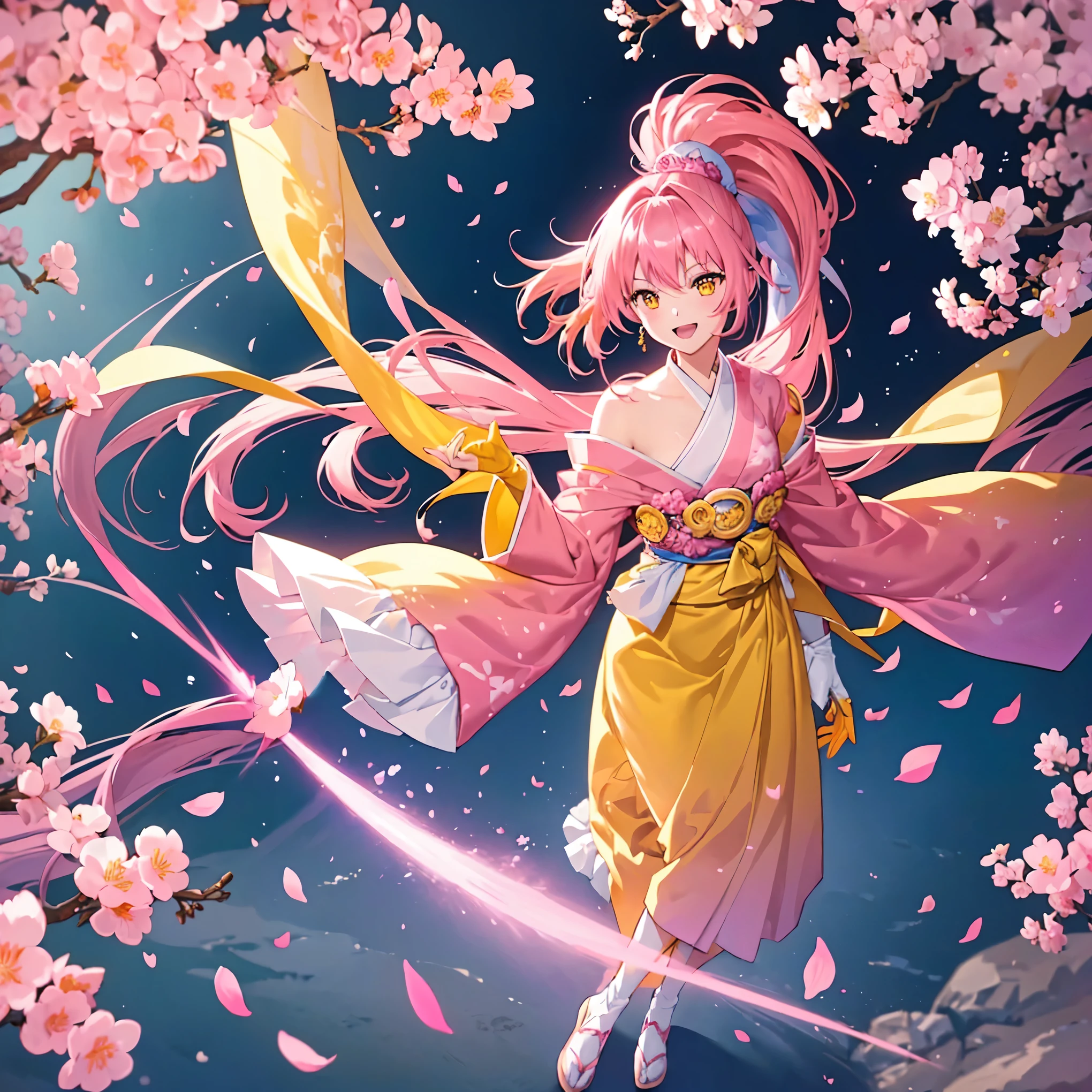 Anime girl with pink hair and yellow dress flying in the sky, sakura petals around her, Anime Style 4k, anime art wallpaper 8k, anime art wallpaper 4k, anime art wallpaper 4k, Flowing cherry-colored silk, Anime Wallpaper 4 k, Anime Wallpaper 4k, sakura kinomoto, Anime fantasy illustration, Anime fantasy artwork, Anime Wallpaper