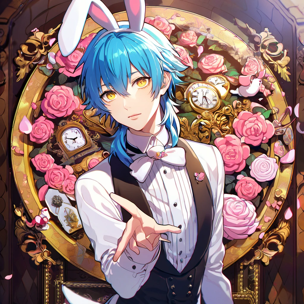 absurdres, highres, ultra detailed, HDR, master piece, best quality, perfect face, beautiful eyes, delicate features, Seragaki Aoba, blue hair, expressive yellow eyes, Dramatical Murder, solo, sexy man, handsome, white rabbit ears, white rabbit, butler clothes, patterns, in wonderland, clock, pink roses, pink petals, pink lanterns