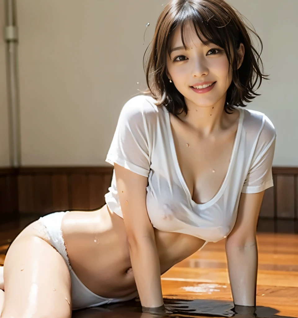 Browsing Caution、highest quality、8k、No makeup、masterpiece、クリアなphotograph、Ultra-high resolution、Realistic、Professional Lighting、photograph、smile、Very slim、Delicate body、cute、Small breasts、Large erect nipples、White skin、Very short hair、Wearing a wet white t-shirt:1.6、White panties、Full Body Shot:1.6、Soaking wet:1.8