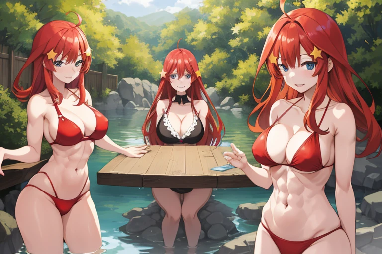2d, masterpiece, best quality, anime, highly detailed, 5 girl, photo of 5 girl, quintuplets, nakano itsuki, red hair, long hair, star hair ornament, ahoge, large breasts, standing, onsen, red bikini, outdoors, smile, abdominal, abs muscular, belly button, side breasts, back muscles, breasts on table