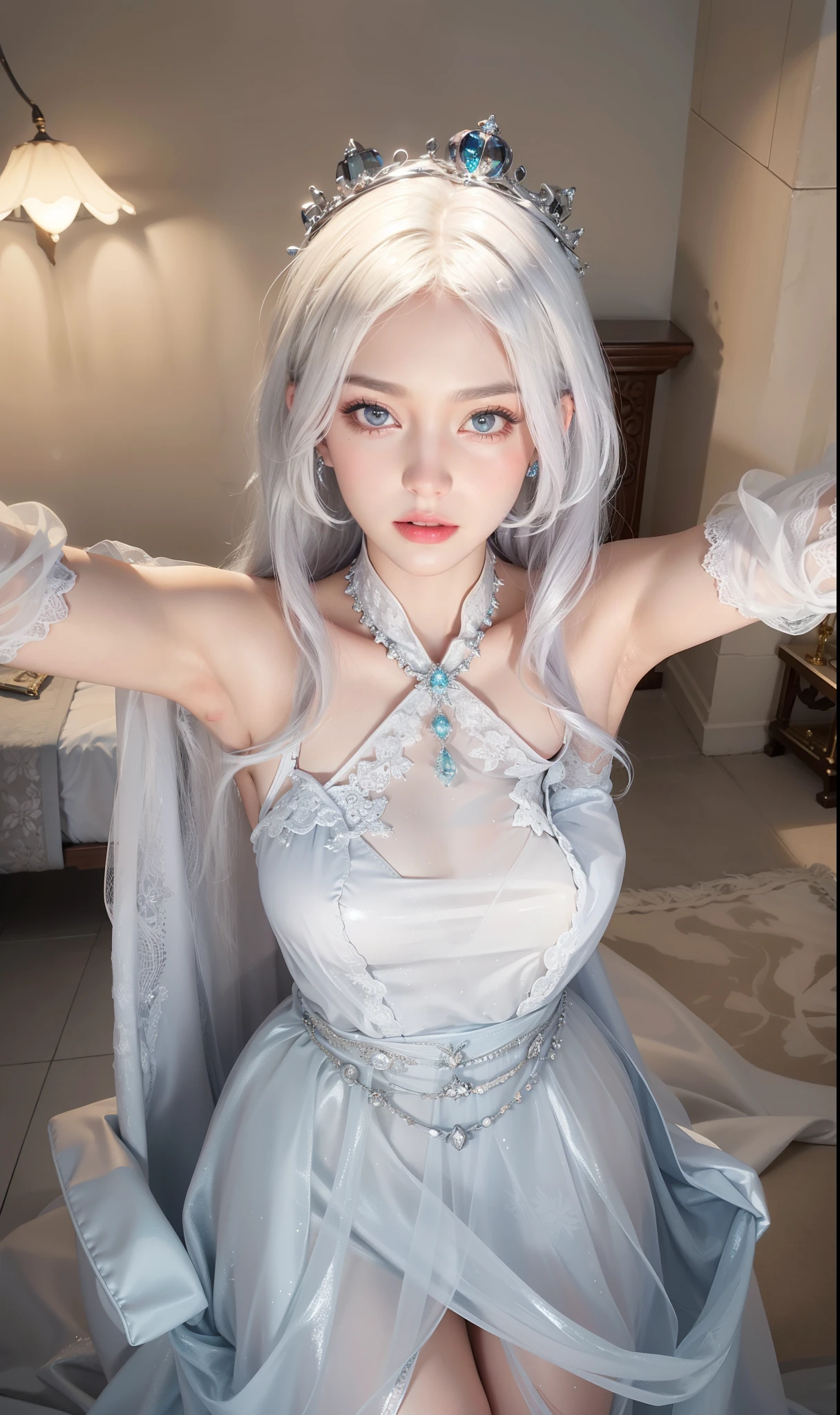 Imperial sister，Exquisite eyes，Snow Queen，Put the crown on your head，Detailed facial expressions body，Tall and big，number，Leg length，4K，HD，meat，White translucent lace，Fair and plump figure，Pretty Face，Little cherry mouth，Beautiful and delicious（3D Royal Sisters），Glossy Gel Coat，Vampire Queen in luxurious robes，Crystal Gem Crown，Ultra-clear portrait photos(8k)，Dark eyeshadow，Ice Princess