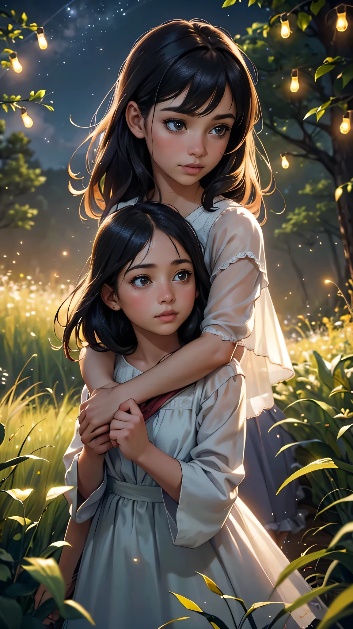 best quality,4k,highres,masterpiece:1.2,ultra-detailed,realistic,photo-realistic:1.37,summer night,two girls chasing fireflies,their mother watching nearby,illustration,dreamy atmosphere,vibrant colors,subtle lighting,field of grass,fireflies illuminating the scene,magical,playful,detailed hair and dresses,delicate facial features,curiosity and excitement in the girls' eyes,capturing the joy and innocence of childhood,soft breeze rustling the leaves,stars sparkling in the sky,sense of wonder and adventure.