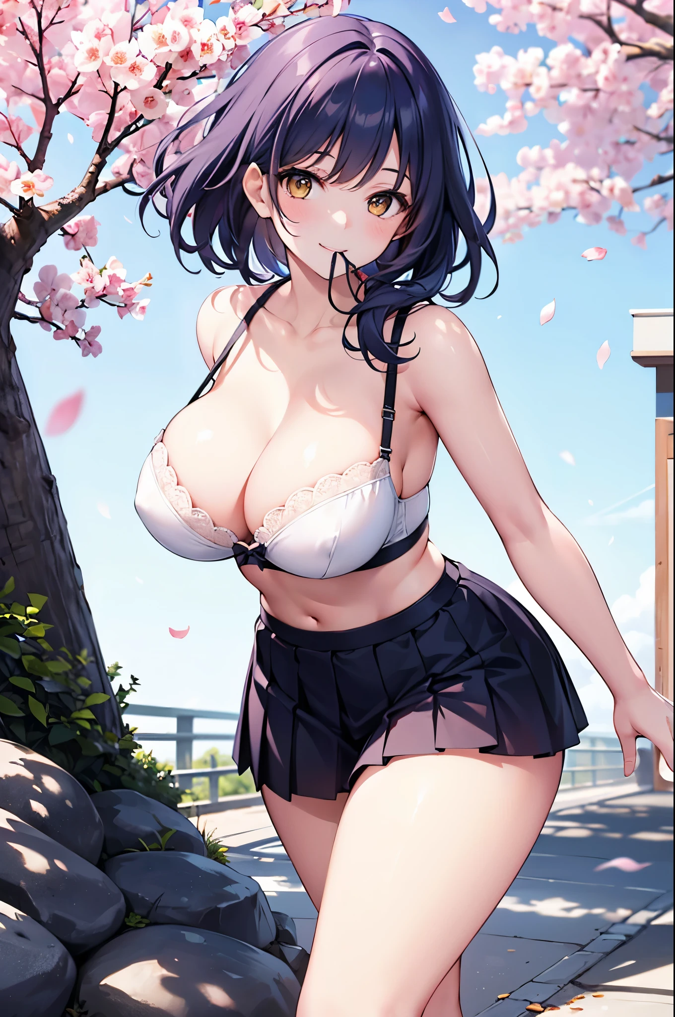 Detailed image, realistic image, coherent image, 1 girl. She has long tosa colored hair, yellow colored eyes. She is smiling with her mouth open. She has a curvy body, large breasts, wide hips and thick thighs. She is dressed in a lace Bra and pleated mini skirt. Walking, with her arms tucked behind her. Park background, cherry trees and petals falling around her. Natural light, ambient light, detailed shadows,