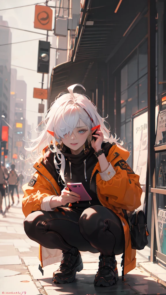 ((masterpiece )), (top quality), (best quality), ((ultra-detailed, 8k quality)), Aesthetics, Cinematic lighting, (detailed line art), absurdres, (best composition), (high-resolution), Watercolor wash painting, muted colors, warm colors, best quality, delicate brushwork,
BREAK,
Beauty cyberpunk elf girl, Confident elf girl, wear uniform, orange jacket, white and yellow techwear clothing, yellow and black safety tapes, Simon Bisley style, squatting, (holding smartphone,In the right hand), Focus on smartphone screen, Anime painting, Detailed Cloth Texture, Intricate details, artstation, brush stroke painting in cyberpunk style by Yoji Shinkawa, by Mikimoto Haruhiko,
BREAK, 
painting style background, (At the bus stop, downtown, Cyberpunk dazzling cityscape, crowded), (depth of field:1.2), (blurry background:1.2),the style of Mikimoto Haruhiko, Artgerm, Kentaro Miura style,
BREAK,
highly detailed of (elf), (1girl), solo, perfect face, details eye, ahoge, ((long hair:1.2)), (hair over one eye:1.3), [[Messy hair]], shiny blonde white hair, blue eyes, multicolored hair, facial marks, (eyelashes, eyeshadow, pink eyeshadow), smile, design art by Mikimoto Haruhiko, by Kawacy, By Yoshitaka Amano,
BREAK, 
((perfect anatomy)), perfect body, medium breast, best hands, perfect face, beautiful face, beautiful eyes, perfect eyes, (perfect fingers, deatailed fingers), correct anatomy, 