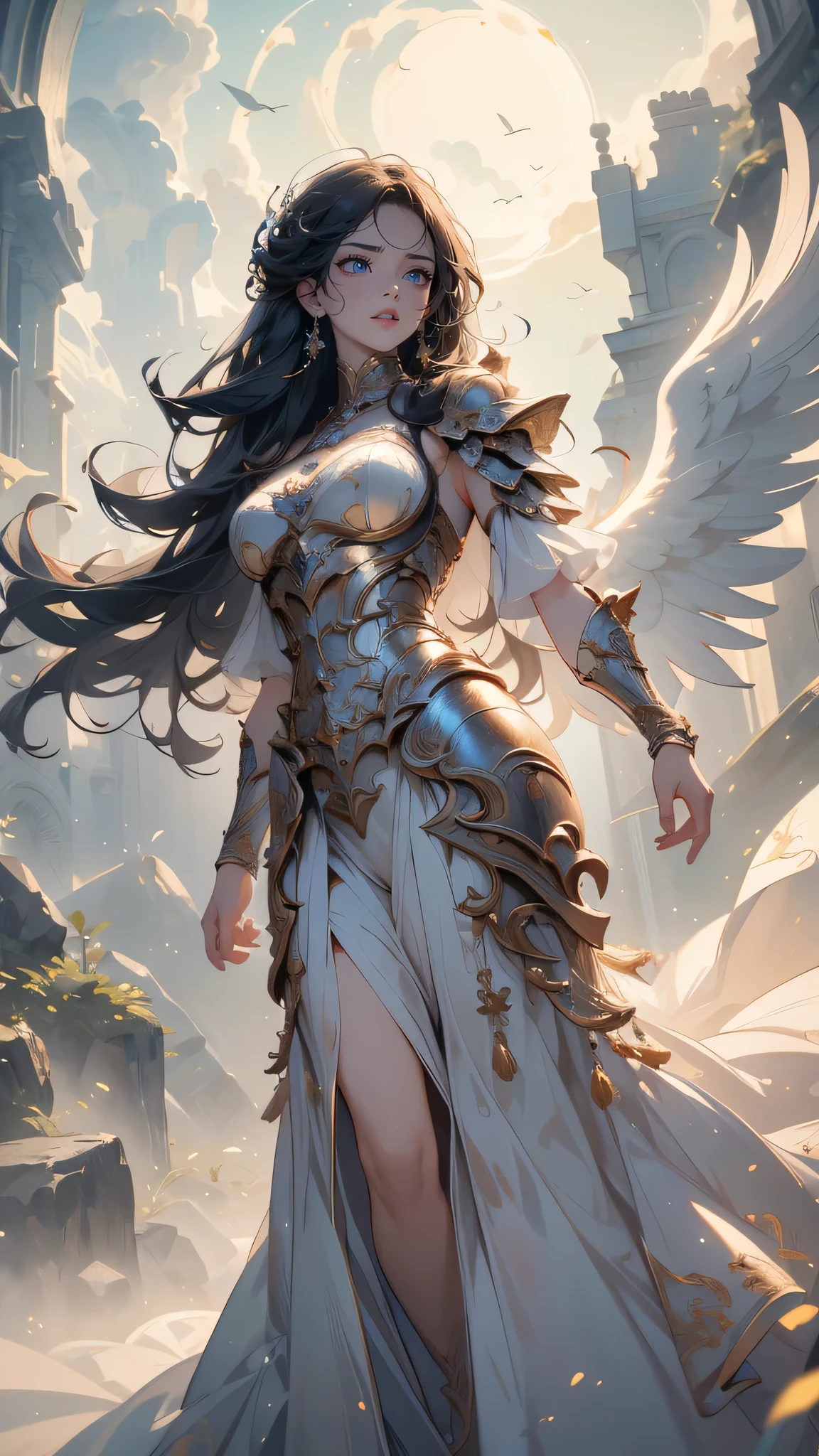 full body,from below,angel armor,Spread your arms and fly down from the sky,(random hairstyle),(Highest image quality,(8k),ultra-realistic,best quality, high quality, high definition, high quality texture,high detail,beautiful detailed,fine detailed,extremely detailed cg,detailed texture,a realistic representation of the face,masterpiece,Sense of presence)