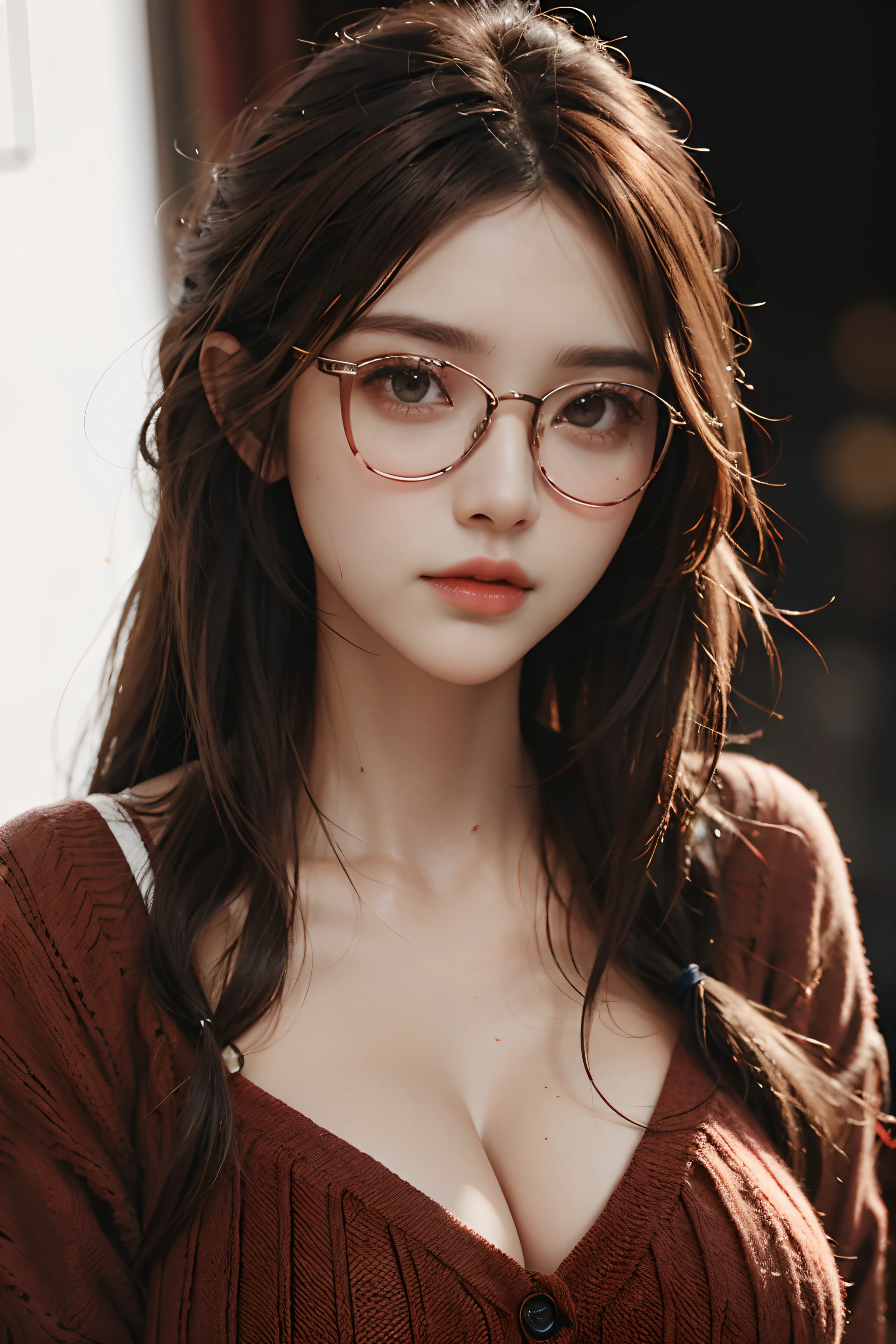 big breasts, brown hair, Yes, red.,wear glasses,Too realistic, Special details