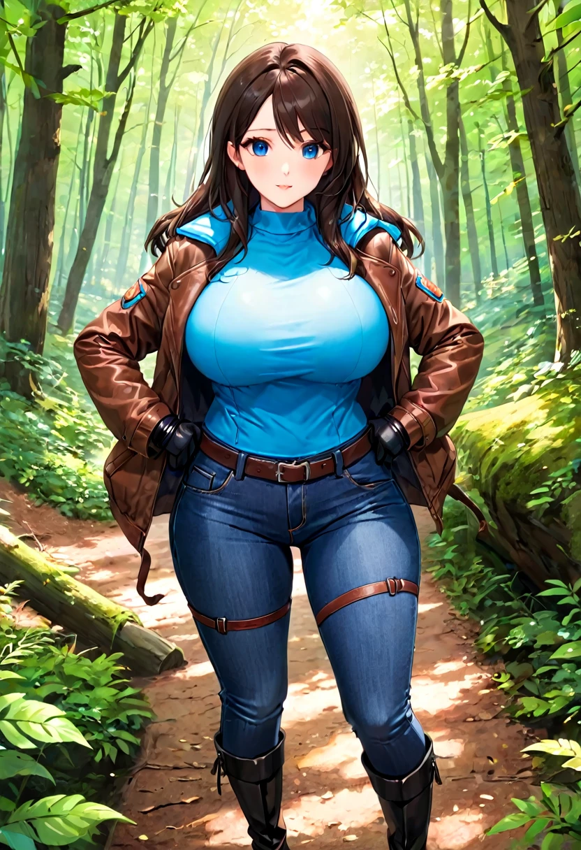 a Beautiful Girl with (Lush, long DarkBrown hair), (Beautiful Blue eyes), Big Breasts, wide hips, and a very Athletic and curvy Figure. wearing a (Brown-Leather-Jacket), (slightly short, LightBlue Shirt), (Heavily worn DarkBlue Jeans), Black Boots, and (Black Leather Fingerless Gloves). She is hiking in the woods, with a beautiful view of the forest and mountains in the background.