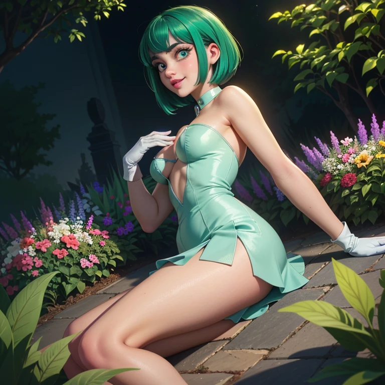 (Extreme Detail CG Unity 8K wallpaper, masterpiece, highest quality), (exquisite lighting and shadow, highly dramatic picture, cinematic lens effect), (Leeloo: 1.4), delicate facial features, charming smile, star eyes, ((dark green hair)), tight top, white gloves, mini skirt, dynamic pose, lying in the garden), (background in a garden full of flowers) (excellent detail, outstanding lighting, wide angle), (excellent rendering, enough to be proud of its kind)