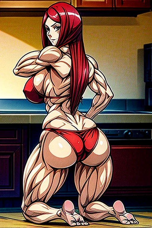 kushina, red hair,lingerie tiny tight bikini, barefoot, full body shot, kitchen background, muscular female, tall female, perfect body , ((looking back)), ((kneeling)), ((huge breasts)), POV