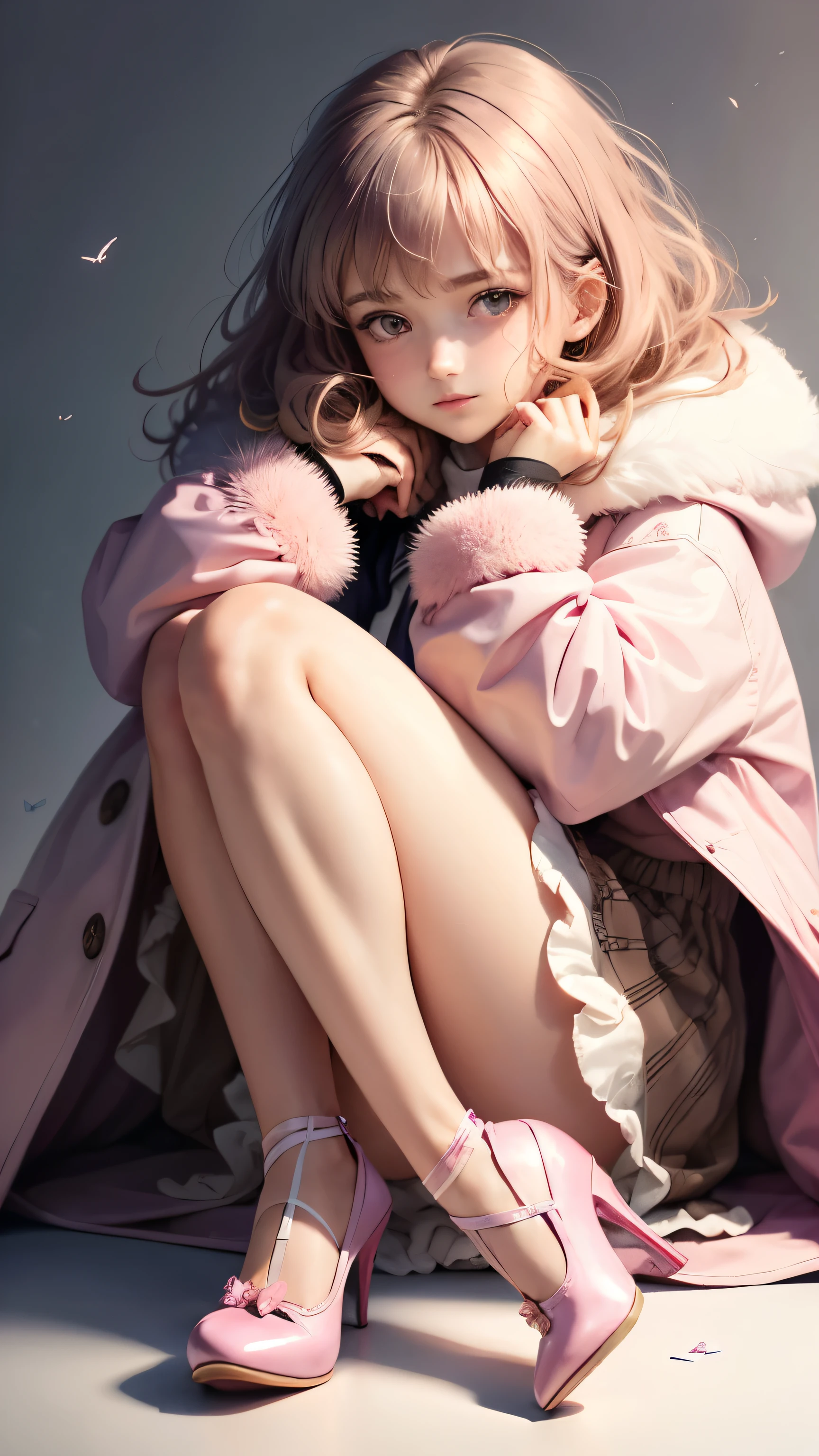 (Pieces fly),(highest quality:1.1),(Very detailed),Best illustrations,The finer details,(Portraits:1.1),(Watercolor)fluffy,1 girl,alone,,slim,(Very delicate and beautiful face),(Beautiful eyes in every detail),Pink thick lips,(Messy Hair),Soft and lazy,(Simple Background:1.2)Overall background color,Transparent parts,In 4K,Full Shot,Thin legs,Pink High Heels,The happi coat is open