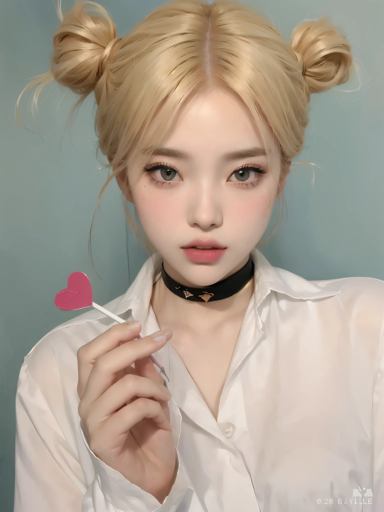 Blonde-haired girl with a heart-shaped lollipop in her hand., retrato de kim petras, maquillaje popular de corea del sur, Retrato de Jossi de Blackpink, Parque Roseanne de Blackpink, ulzzang, maquillaje coreano popular, cruel korean gothic girl, ava max, con el pelo largo y blanco, inspirado en Yanjun Cheng, bella delfina, kim taejin