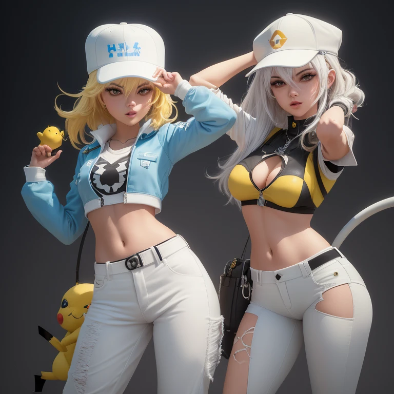 There is a cartoon boy wearing a white hat and blue pants, small character. Unreal Engine 5, 3D Characters, 3D Characters, Anime characters, 3D Characters realistic, 3D Characters art, 3D Characters render, Animation-style rendering, Stylized characters, 3D Characterss, Cute 3D rendering, Cartoon characters, toon render keyshot,With Rexha and Pikachu
