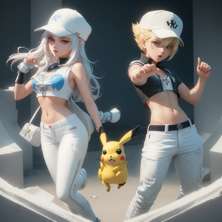 There is a cartoon boy wearing a white hat and blue pants, small character. Unreal Engine 5, 3D Characters, 3D Characters, Anime characters, 3D Characters realistic, 3D Characters art, 3D Characters render, Animation-style rendering, Stylized characters, 3D Characterss, Cute 3D rendering, Cartoon characters, toon render keyshot,With Rexha and Pikachu