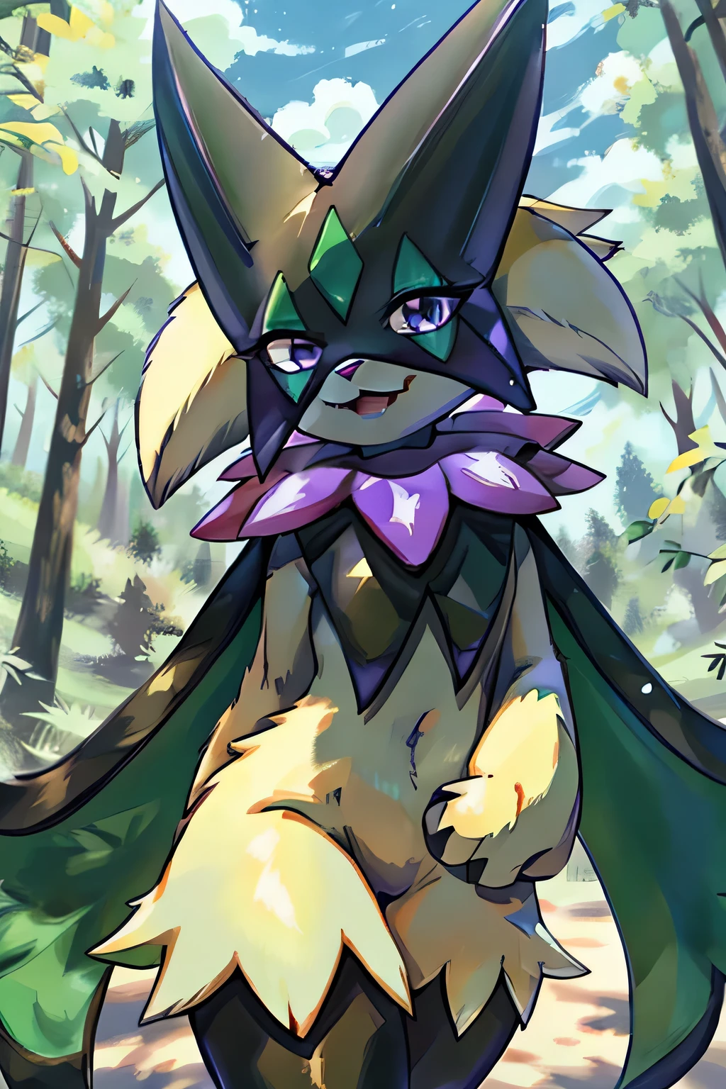 Masterpiece, The best quality, the highest picture quality, Detailed, Meowscarada, Pokémon, short snout, detailed eyes, forest background, day, female, solo, shiny pokemon, purple eyes, happy