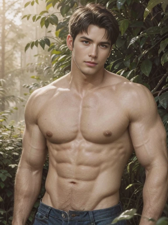 FULL full Body photorealistic 4k, high resolution, best quality, masterpiece, perfect color, perfect shade, perfect lighting, Posted by e621, ((portrait)), ((handsome man)), perfect male figure, Short hair details,chest muscles,abdominal muscles,N, Detailed face, perfect face, (stood up), Detailed background, ((Bonifasco Lighting)), (delicate eyes),(),white hair, forest scene photo, professional movie, professional picture, ultra detailed, ultra realistic, cinematic, sharp focus