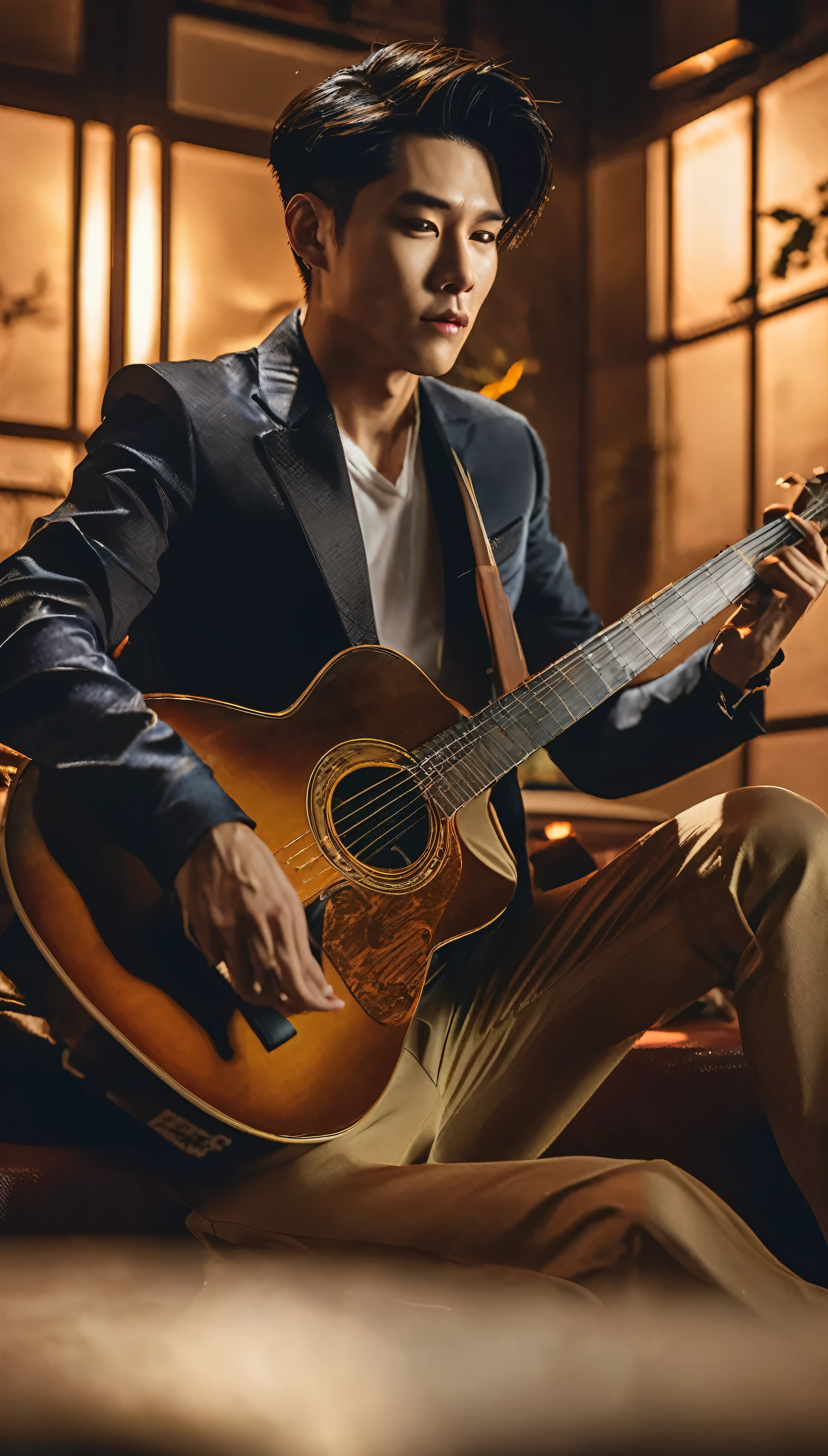 An attractive Asian man with a sexy charm、Strumming guitar in a moody studio room。Semi-lit spaces、Filled with dusky brass tones、It creates an introspective atmosphere。With a pensive look on his face, he thinks about the song.、He has a well-toned physique and is casually leaning back in his chair.。The guitar rests comfortably on his lap、The strings vibrate gently under his nimble fingers.。His stylish outfit、Filmed in stunning 4K resolution, this scene just adds to its appeal.。
