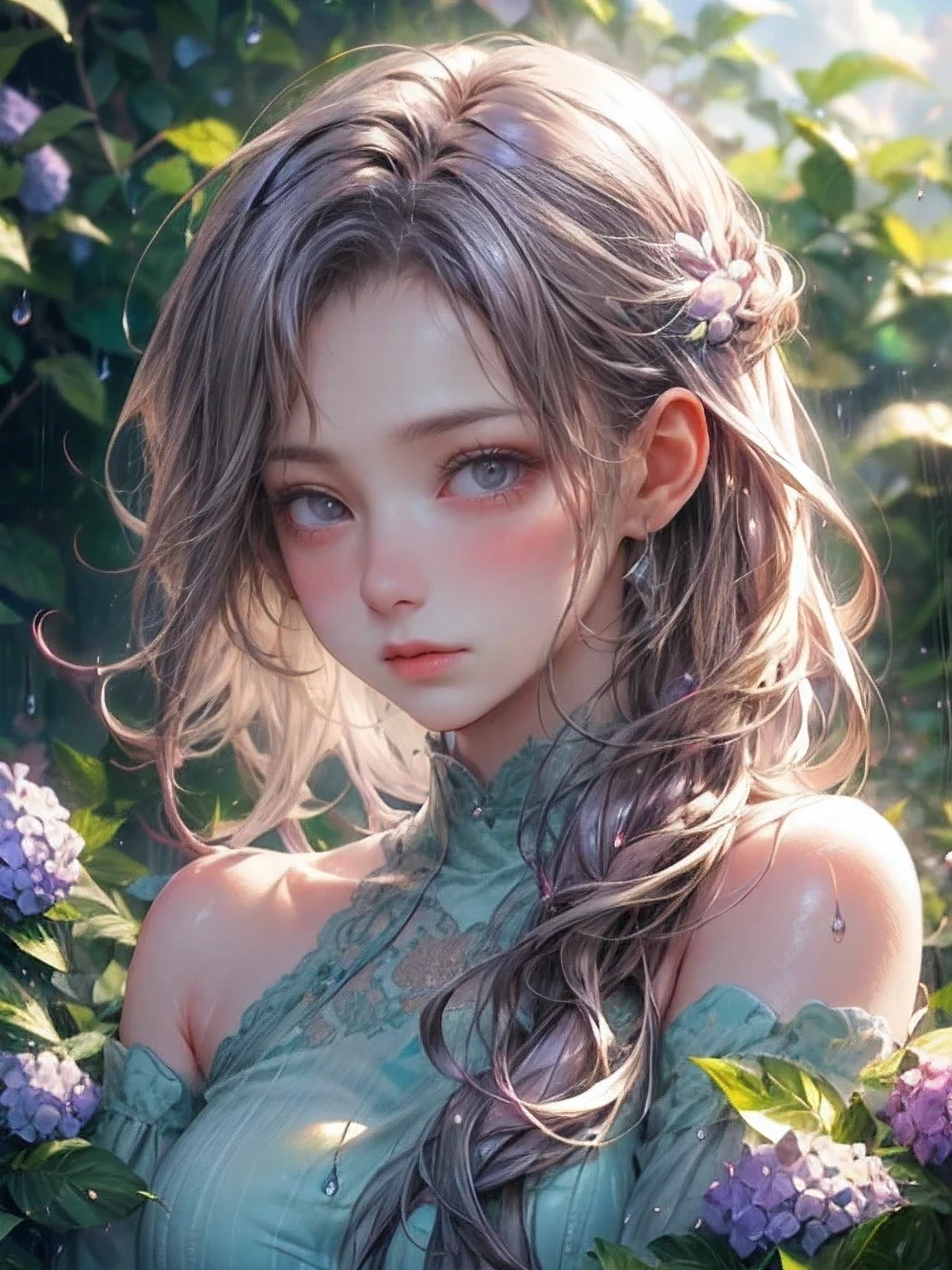 (best quality,4k,highres,masterpiece:1.2, beautiful ultra-details),cute girl, lying in a outdoor garden, bare shoulder, bare arms, beautiful detailed eyes,sparkling eyes, beautiful detailed lips,shining lips, extremely detailed eyes and face,long eyelashes,(soft raining:1.1),(many hydrangeas in full bloom:1.1),(serene atmosphere),(gently falling raindrops),(soft and delicate petals),(fresh green leaves),(damp ground),(peaceful and tranquil scenery),(subtle sound of raindrops),(vibrant colors),(subtle shades of purple),(gentle breeze),(magical atmosphere),(ethereal beauty),(dream-like setting),(sunlight filtering through the clouds),(serene expression),(comfortable clothing),(enjoying the beautiful view),(wet hair),(water droplets on the skin),(peaceful ambiance),
