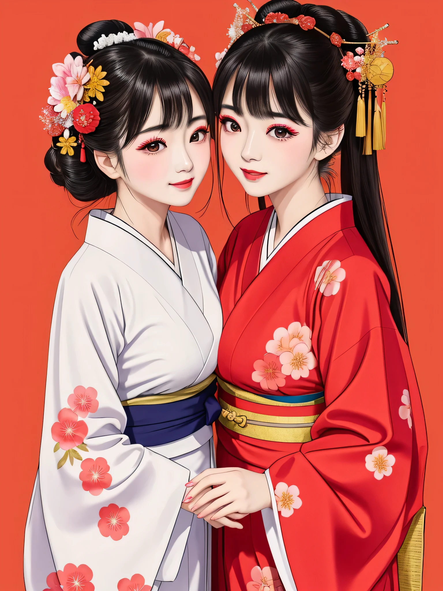 Each has a different expression２People and sisters、(２ girls）、｟Dancing traditional arts with grace)、((Big Breasts、Small Face、Not exposed))、highest quality、masterpiece、（Black Hair、Bun Hair）、Brown Eyes、｟Wide angle、Angle from above the waist and diagonally below、Pause on the magazine cover、Their gazes are different, gazing into the distance｠、(８K High Quality、masterpiece、High resolution、Realistic and beautiful light and shadow、(highest quality)、(High Resolution)、(Very delicate and beautiful)、(Beautiful 8k face)、(With a smile、Beautiful eyes)、(Clear skin)、(Soft hair)、(８Head to Body)、(A Japanese style yukata kimono with red, pink and orange floral patterns on a white background, interspersed with gold powder、Five beautiful Japanese girls wearing yukata)、((Tanabata decoration background))、((Small Face))、(arms up)、Thin and small nose、（Red lipstick）、（Make your cheeks red）、（Glossy skin）、((Ink painting style))、Very thin eyebrows、Overall ultra-high image quality、（She is wearing maiko-style makeup.）、Whitening、Long and beautiful eyelashes、Glowing Skin、（Red cheeks）,Straight nose、masterpiece、highest quality、whole body、 Eyebrows visible through hair、Bun Hair、Grin、Gal、Gal、Viewer&#39;s Eyes、Plaid、Stylish、woman、fine、Pause、
Waiting to start 
