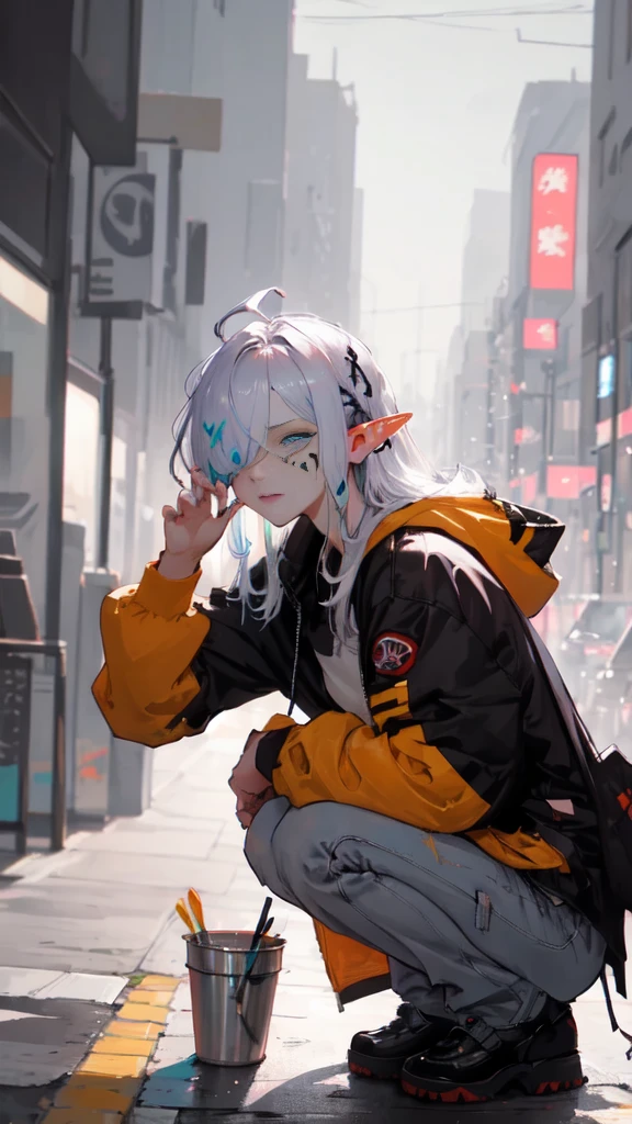 ((masterpiece )), (ultra HDR 1bit colors quality), (best quality), ((ultra-detailed, 8k quality)), Aesthetics, Cinematic lighting, (detailed line art), absurdres, (best composition), (high-resolution), Watercolor wash painting, muted colors, warm colors, best quality, delicate brushwork,
BREAK,
Beauty cyberpunk elf girl, Confident elf girl, wear uniform, orange jacket, white and yellow techwear clothing, yellow and black safety tapes, Simon Bisley style, squatting, (holding smartphone,In the right hand), Focus on smartphone screen, Anime painting, Detailed Cloth Texture, Intricate details, artstation, brush stroke painting in cyberpunk style by Yoji Shinkawa, by Mikimoto Haruhiko,
BREAK, 
painting style background, (At the bus stop, downtown, Cyberpunk dazzling cityscape, crowded), (depth of field:1.2), (blurry background:1.2),the style of Mikimoto Haruhiko, Artgerm, Kentaro Miura style,
BREAK,
highly detailed of (elf), (1girl), solo, perfect face, details eye, ahoge, ((long hair:1.2)), (hair over one eye:1.3), [[Messy hair]], shiny blonde white hair, blue eyes, multicolored hair, facial marks, (eyelashes, eyeshadow, pink eyeshadow), smile, design art by Mikimoto Haruhiko, by Kawacy, By Yoshitaka Amano,
BREAK, 
((perfect anatomy)), perfect body, medium breast, best hands, perfect face, beautiful face, beautiful eyes, perfect eyes, (perfect fingers, deatailed fingers), correct anatomy, 