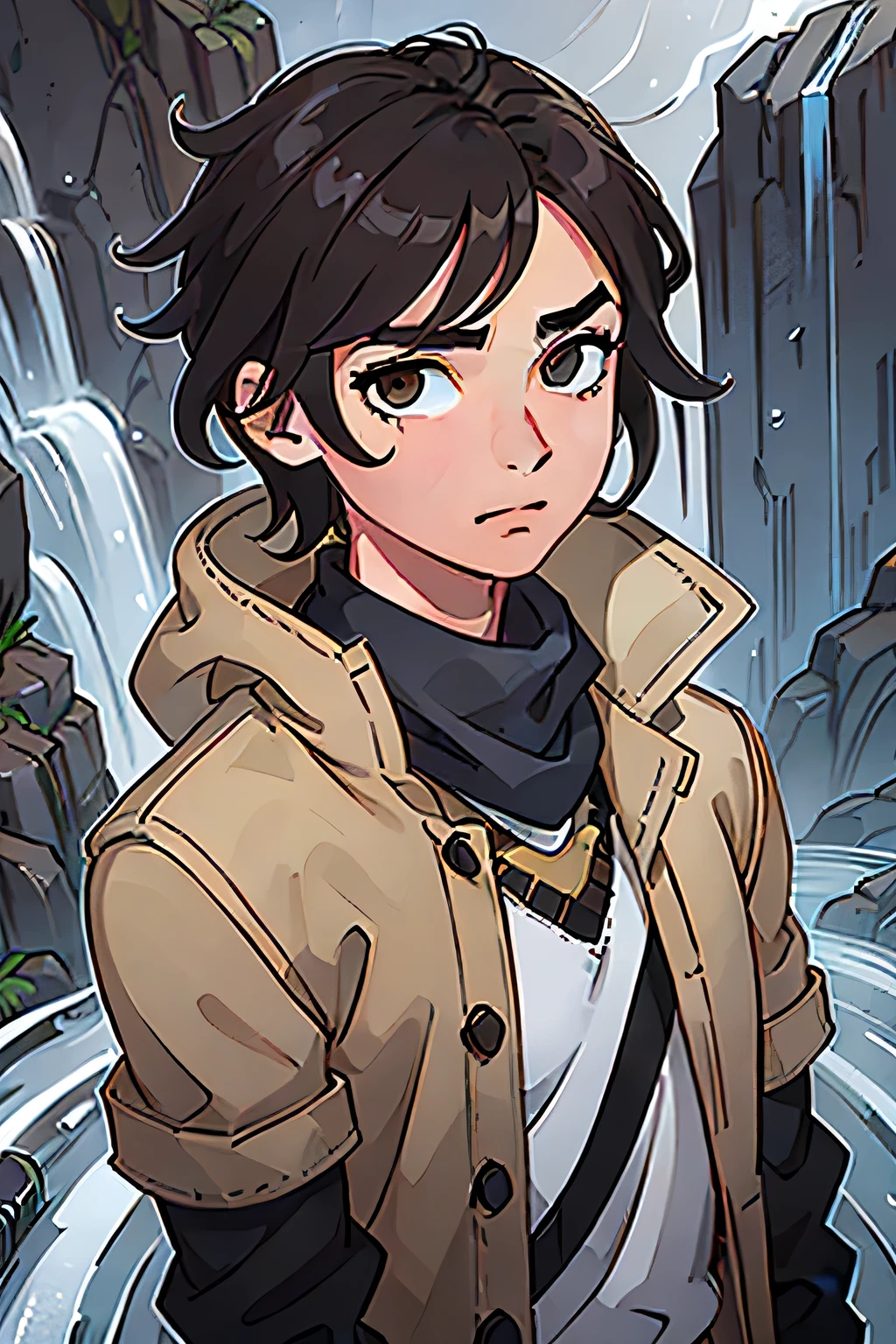 medium full shot portrait, 18-year-old boy, dark brown hair, brother flow style, brow eyes, brown jacket, gray sleeves, black gloves, black pants, beige cap, gray blue scarf, looking at viewer, solo, Waterfall background, rays of light, Digital art