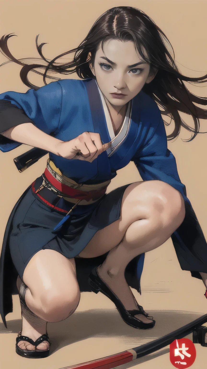 (highest quality,High resolution),Detailed portrait of a Japanese woman who is an Iaido master,22 years old, 1 female, [Suits made from high quality fabrics],[Sensual,Charm],[Disheveled Hair],Showing off agility,[whole body],Attacking from a crouching position