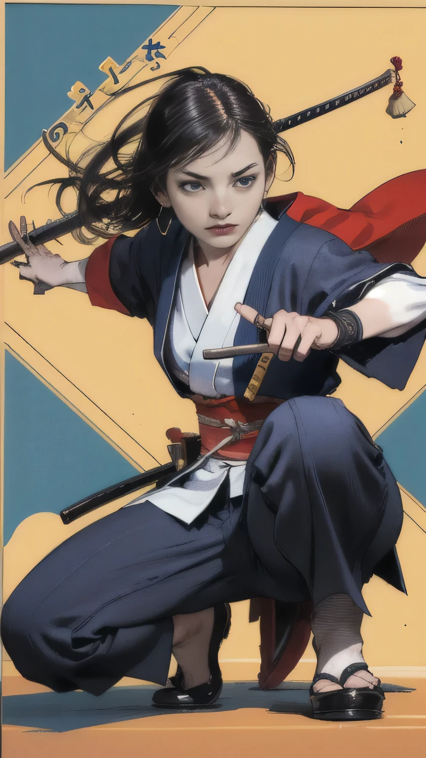 (highest quality,High resolution),Detailed portrait of a Japanese woman who is an Iaido master,22 years old, 1 female, [Suits made from high quality fabrics],[Sensual,Charm],[Disheveled Hair],Showing off agility,[whole body],Attacking from a crouching position