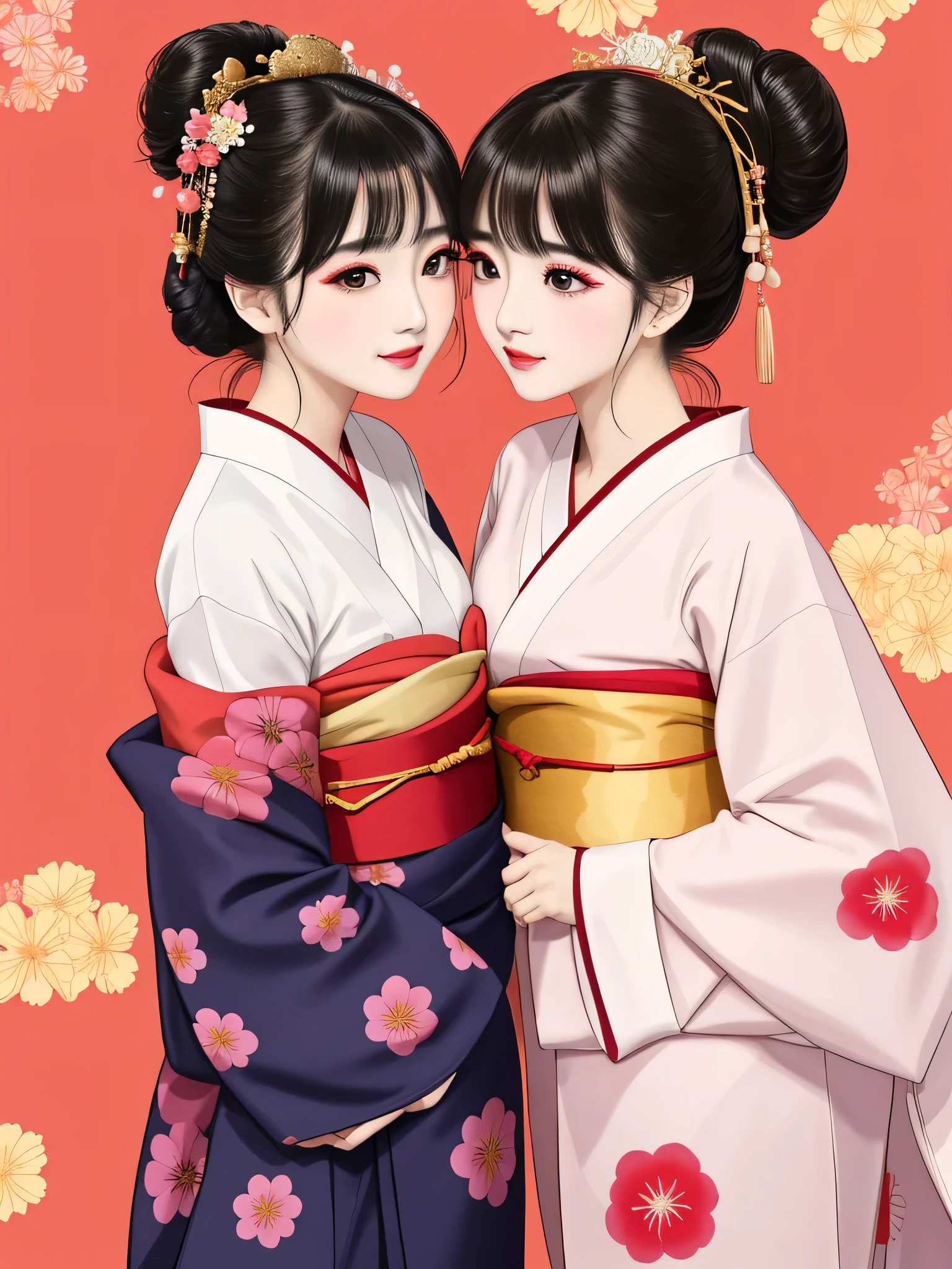 Each has a different expression2People and sisters、(2 girls)、⦅Dancing traditional arts with grace)、((Big Breasts、Small Face、Not exposed))、highest quality、masterpiece、(Black Hair、Bun Hair)、Brown Eyes、⦅Wide angle、Angle from above the waist、Pause on the magazine cover、Their gazes are different, gazing into the distance⦆、(8K High Quality、masterpiece、High resolution、Realistic and beautiful light and shadow、(highest quality)、(High Resolution)、(Very delicate and beautiful)、(Beautiful 8k face)、(With a smile、Beautiful eyes)、(Clear skin)、(Soft hair)、(8Head to Body)、(A Japanese style yukata kimono with red, pink and orange floral patterns on a white background, interspersed with gold powder、Wearing a yukata2Beautiful Japanese girls)、((Tanabata decoration background))、((Small Face))、(arms up)、Thin and small nose、(Red lipstick)、(Make your cheeks red)、(Glossy skin)、((Ink painting style))、Very thin eyebrows、Overall ultra-high image quality、(She is wearing maiko-style makeup.)、Whitening、Long and beautiful eyelashes、Glowing Skin、(Red cheeks),Straight nose、masterpiece、highest quality、whole body、 Eyebrows visible through hair、Bun Hair、Grin、Gal、Gal、Viewer's Eyes、Plaid、Stylish、woman、fine、Pause、
Waiting to start