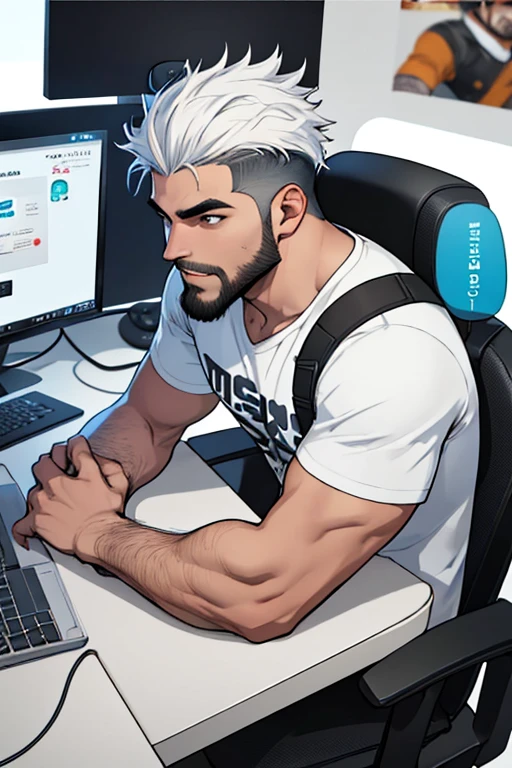 jovem de barba  topete branco com degrader desenhado gamer, sentado em frente ao seu computador gamer, usando seu fone gamer com olhar confiante e destemido