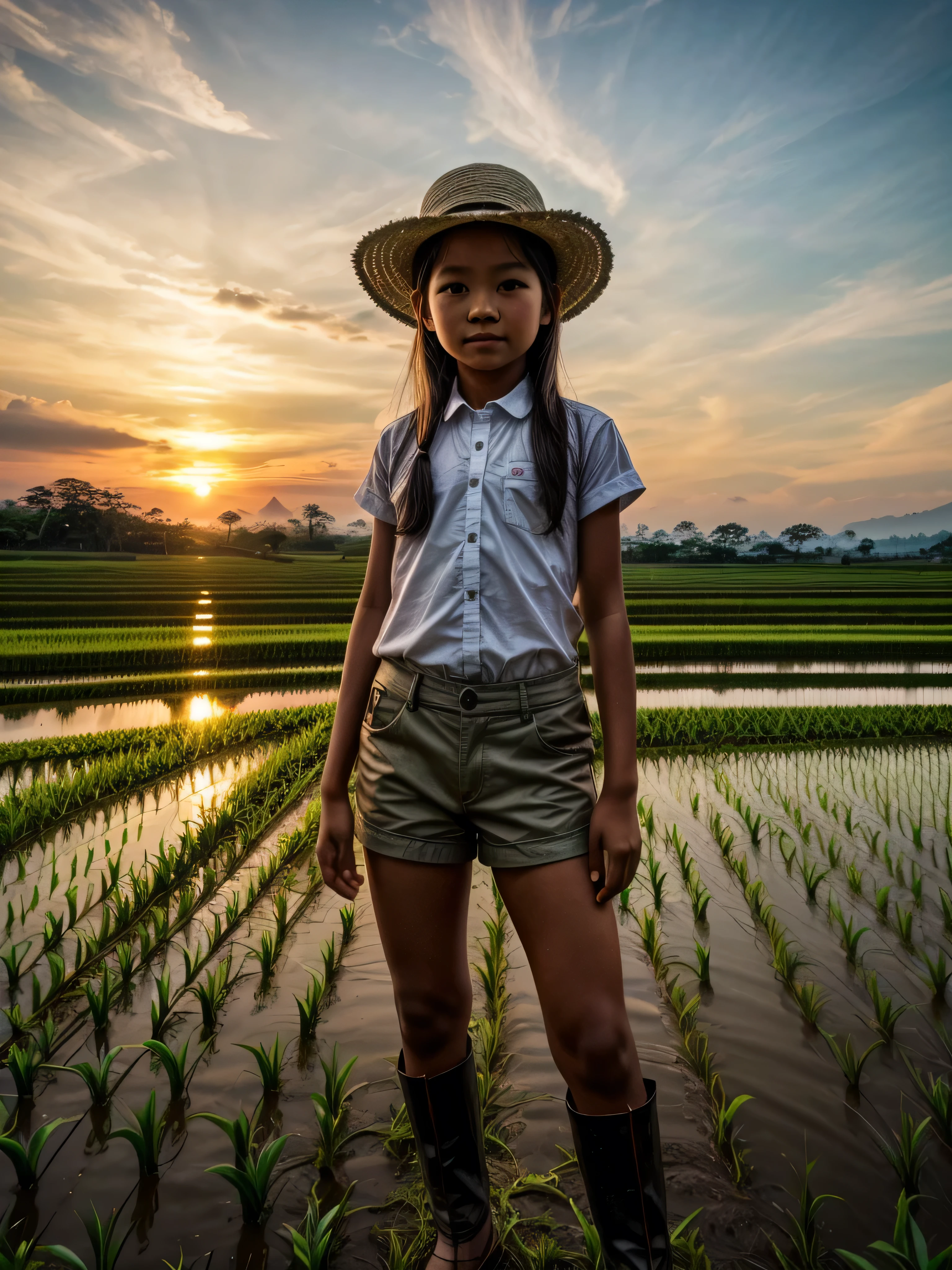 Ultra Realistic, masterpiece, high definition, highly detailed, 8K, a cute Indonesian girl , a 8 year old girl, highly detailed face, fair and glossy skin, highly detailed body, wearing farmer outfits, wearing strawhat, holding farming equipment, resembling a rural farmer, looking at the viewer, She's working on a paddy field , full body view, proper paddy field in sunset at the background, perfect background. Bulls are working in the farm, sunset, Indonesia, bali fields,greenary